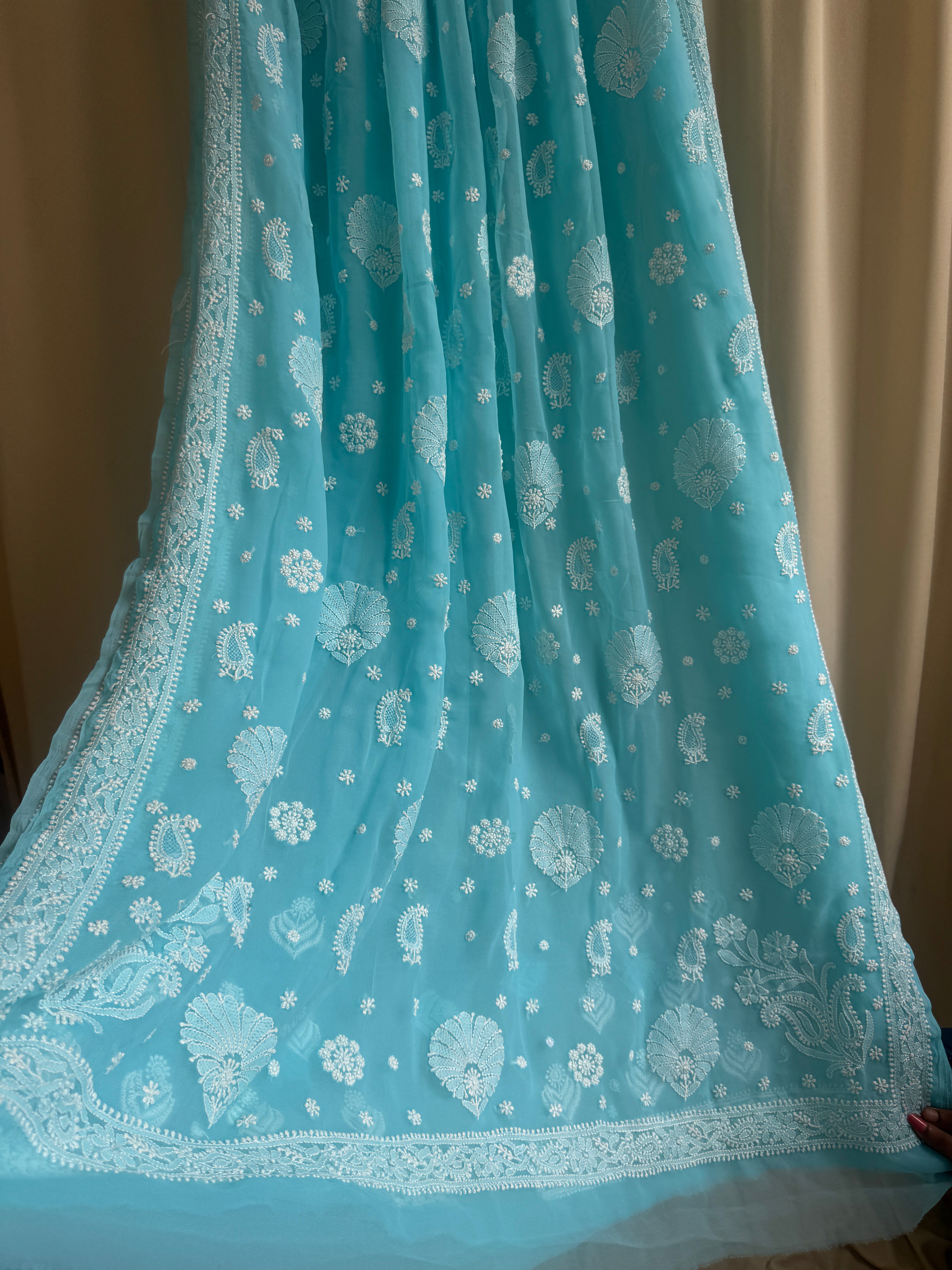 Georgette Chikankari saree in Firozi