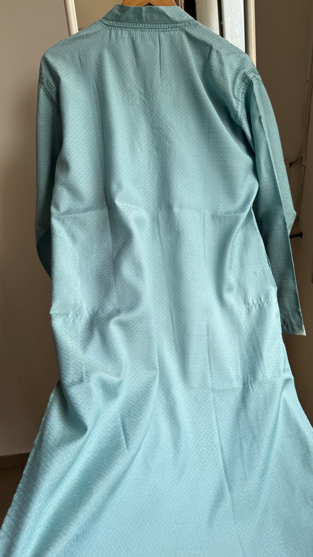 Textured Cotton Chikankari Kurta -Turquoise  - Men's Collection