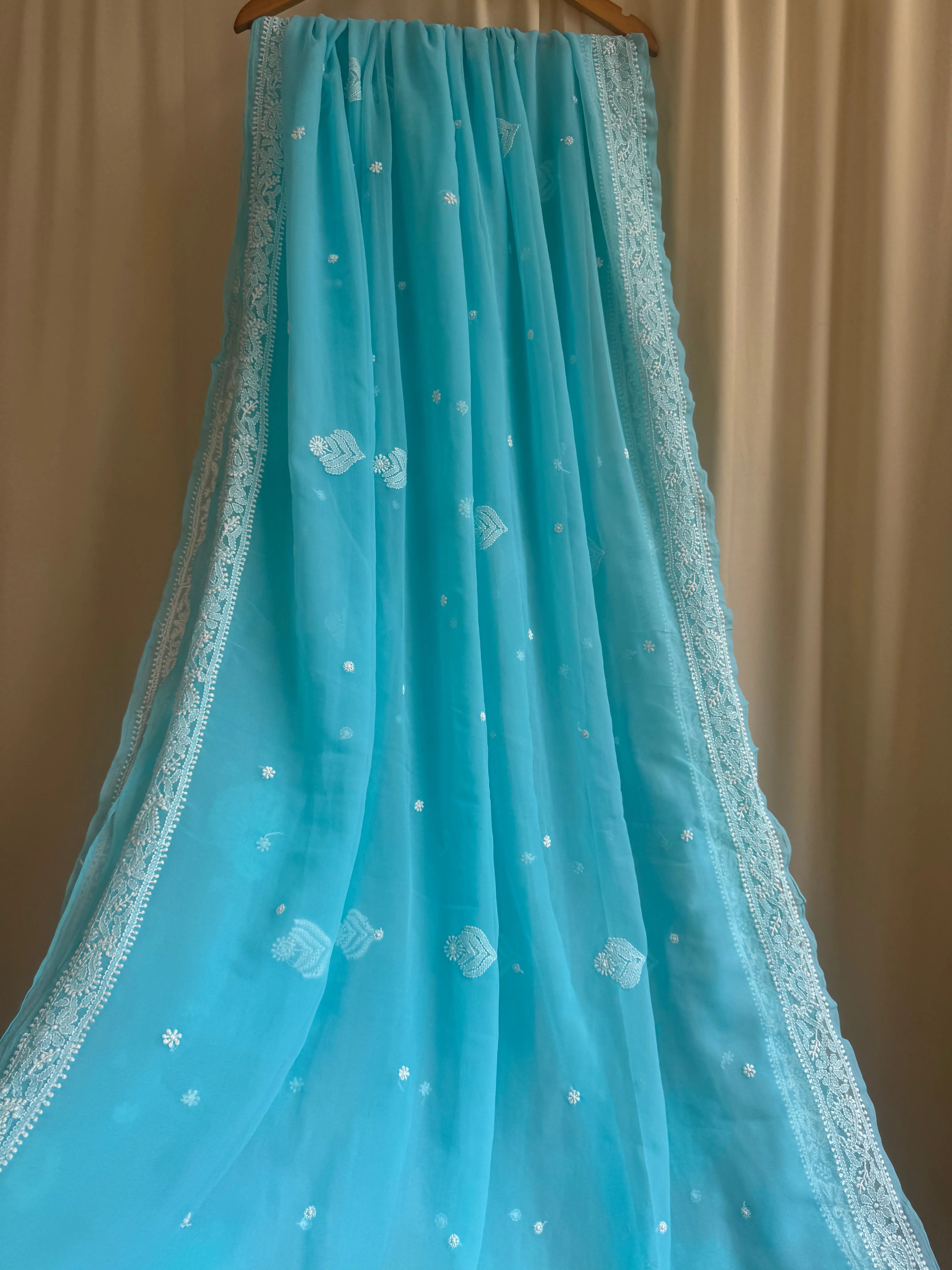 Georgette Chikankari saree in Firozi ARIAA CHIKANKARI 
