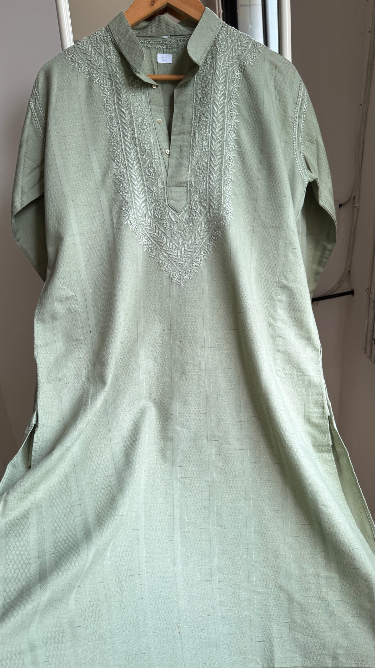 Textured Cotton Chikankari Kurta -Green - Men's Collection