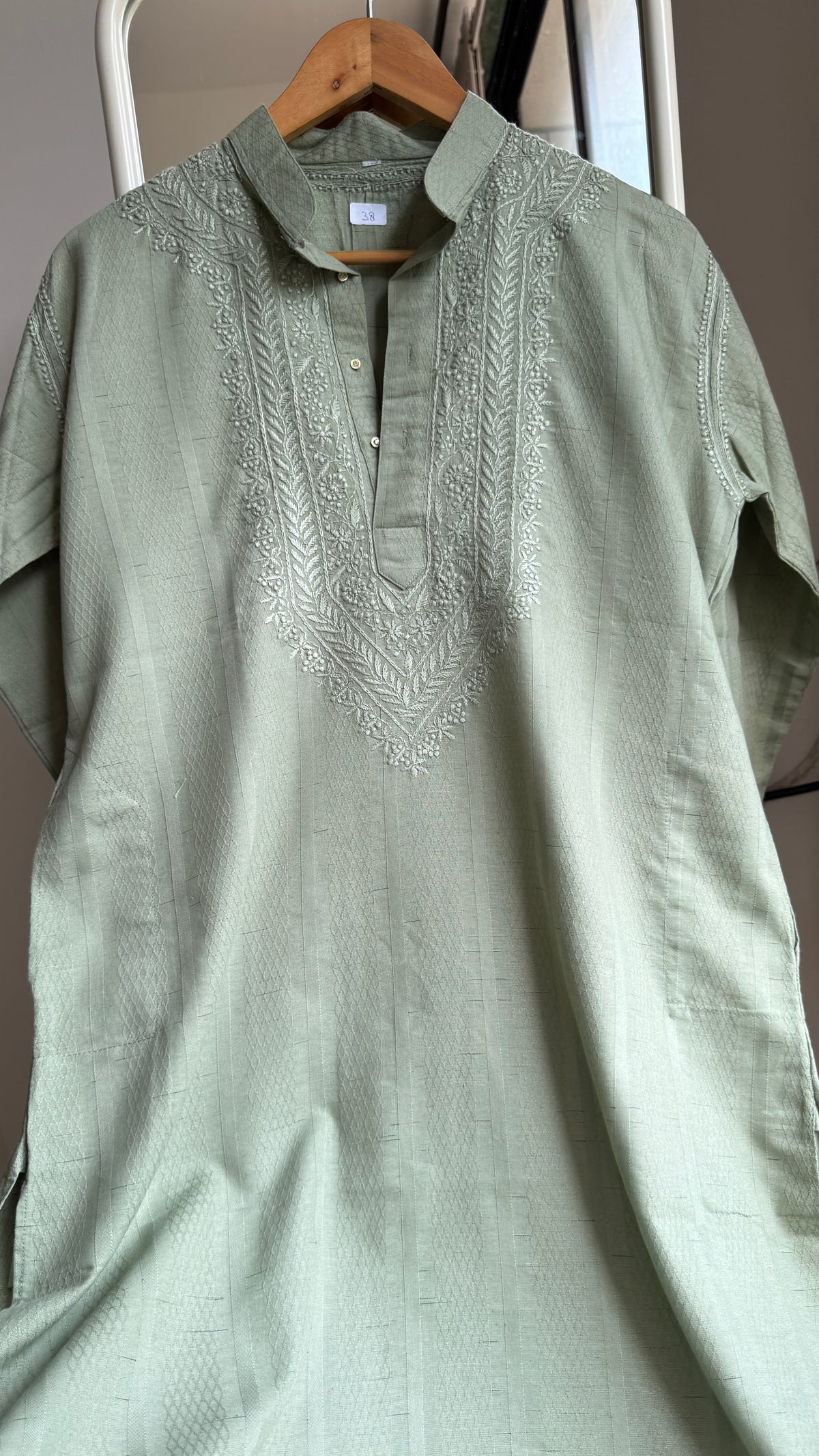 Textured Cotton Chikankari Kurta -Green - Men's Collection