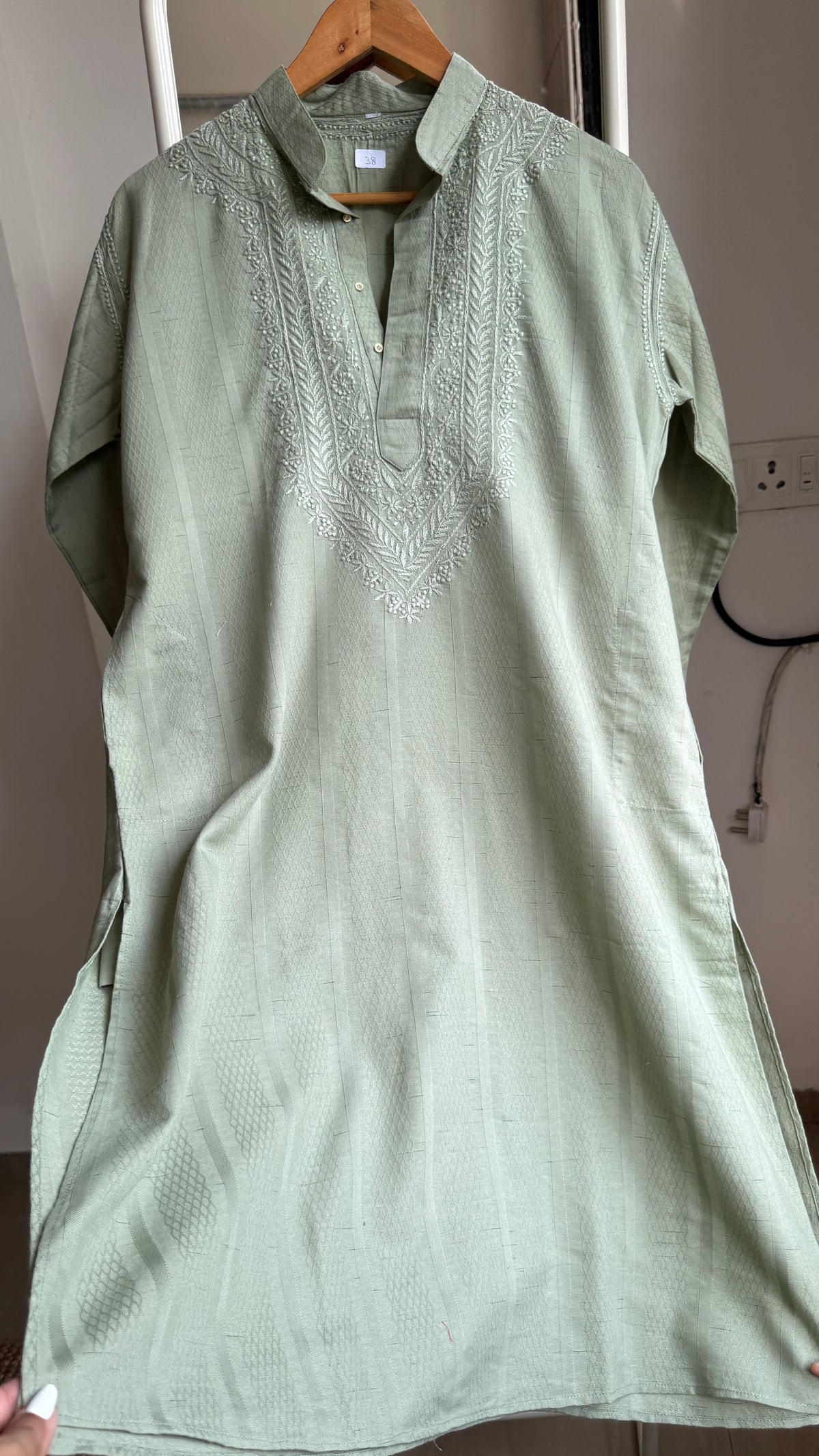 Textured Cotton Chikankari Kurta -Green - Men's Collection