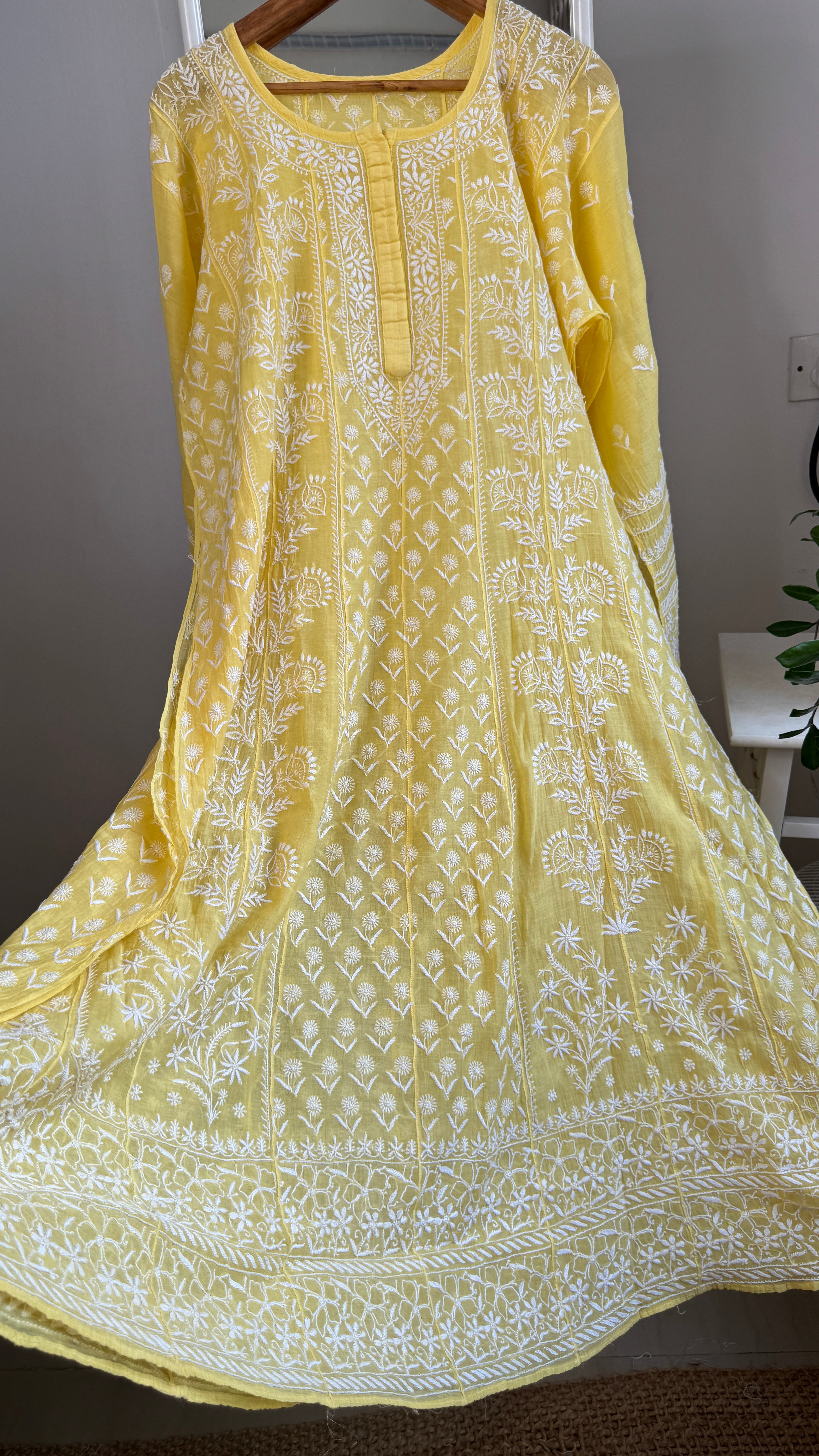 Mul Chanderi Semi-Stitched Anarkali - Yellow