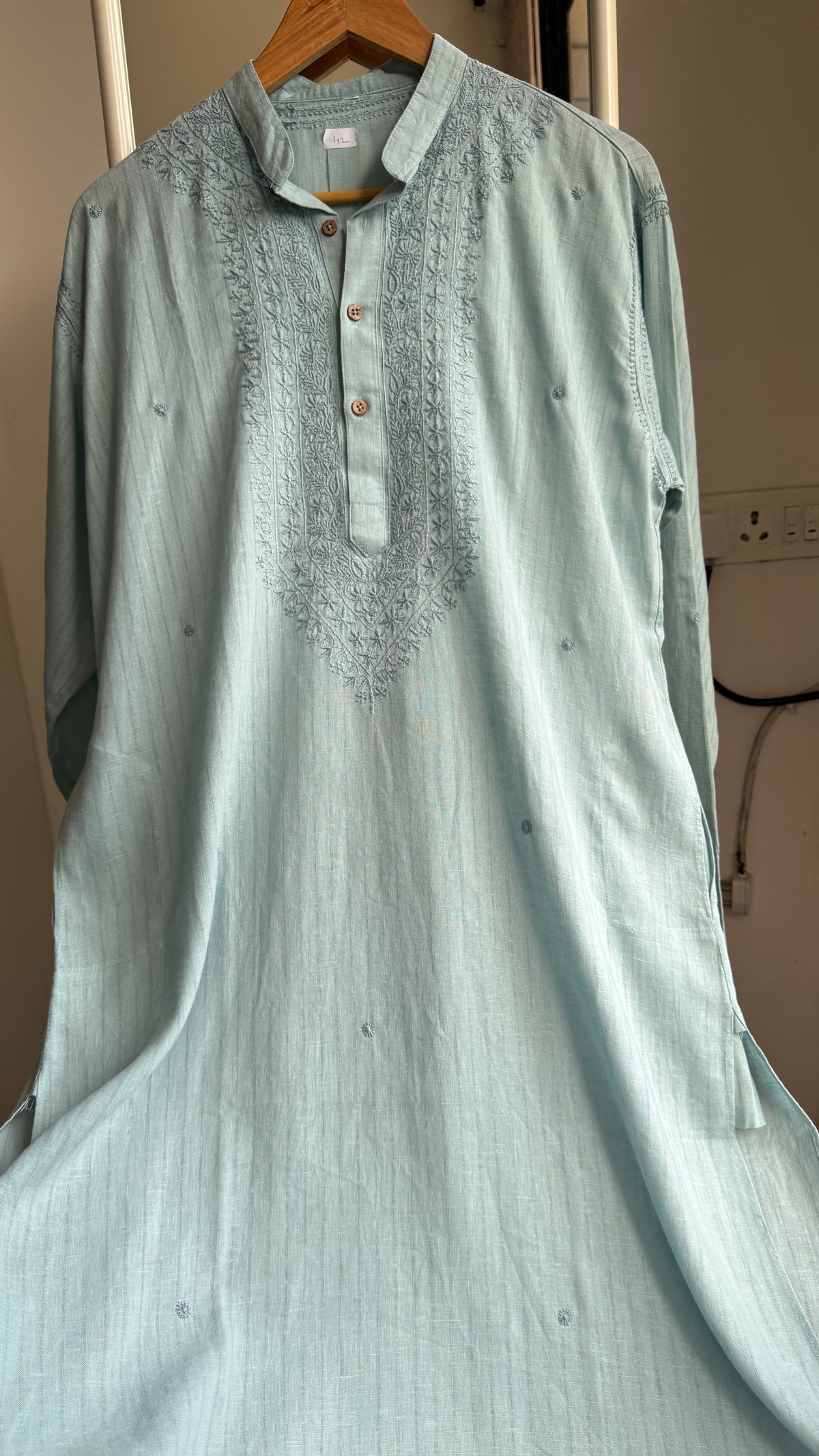 Textured Cotton Chikankari Kurta -Turquoise  - Men's Collection