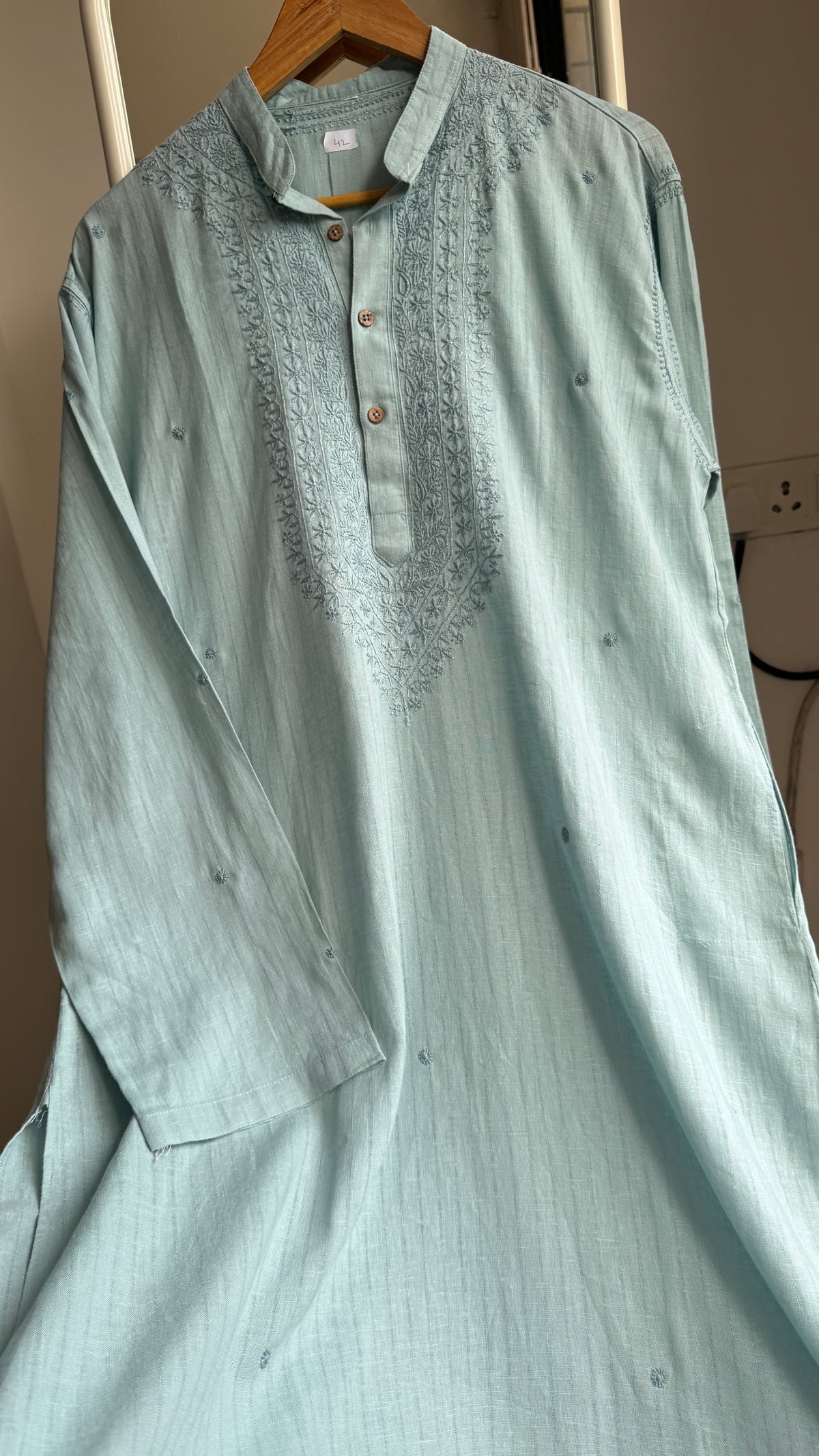 Textured Cotton Chikankari Kurta -Turquoise  - Men's Collection