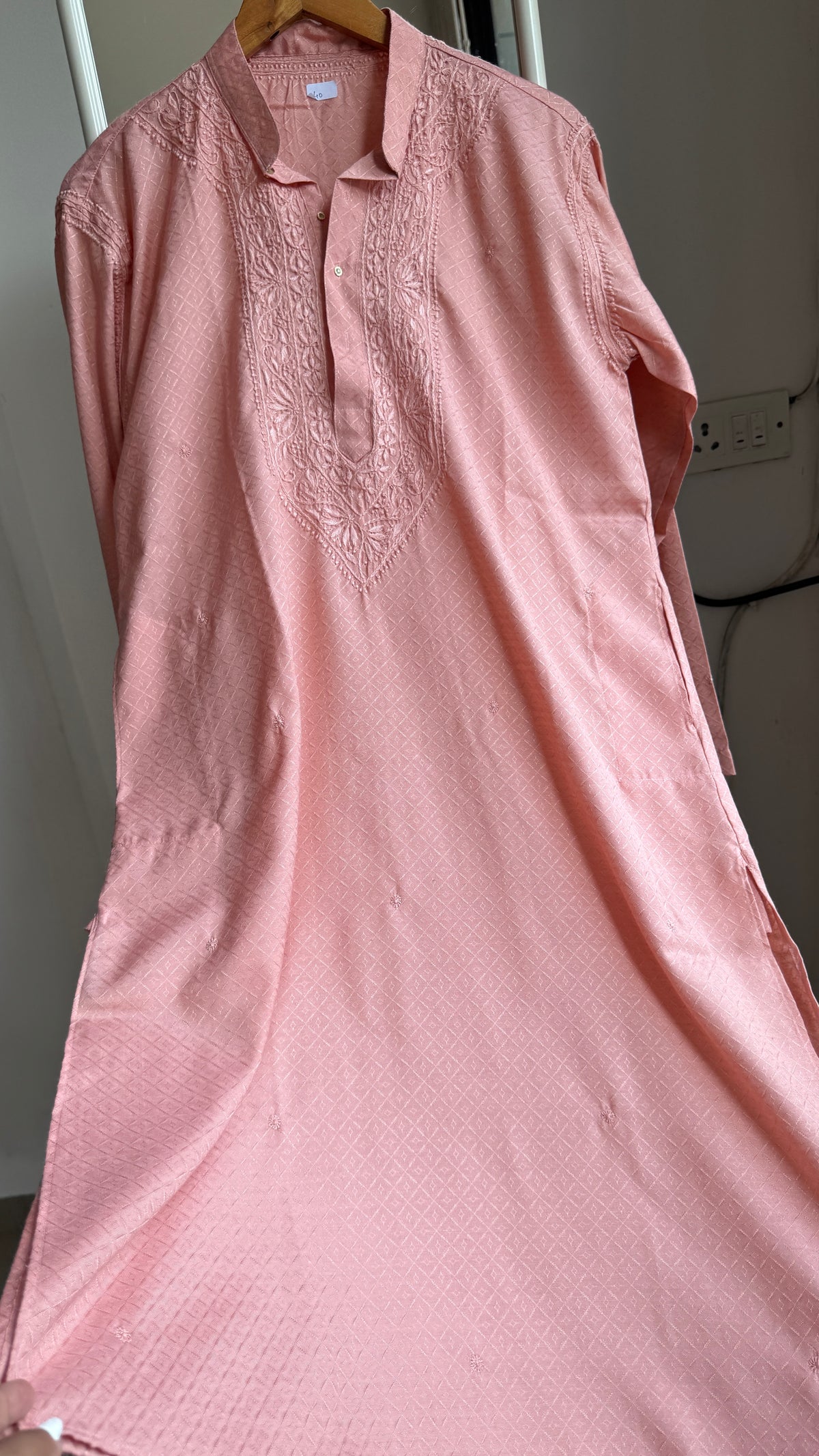 Textured Cotton Chikankari Kurta-Peach