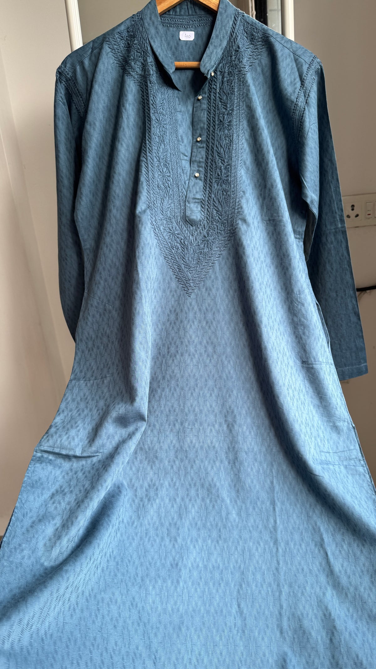 Textured Cotton Chikankari Kurta -Blue  - Men's Collection