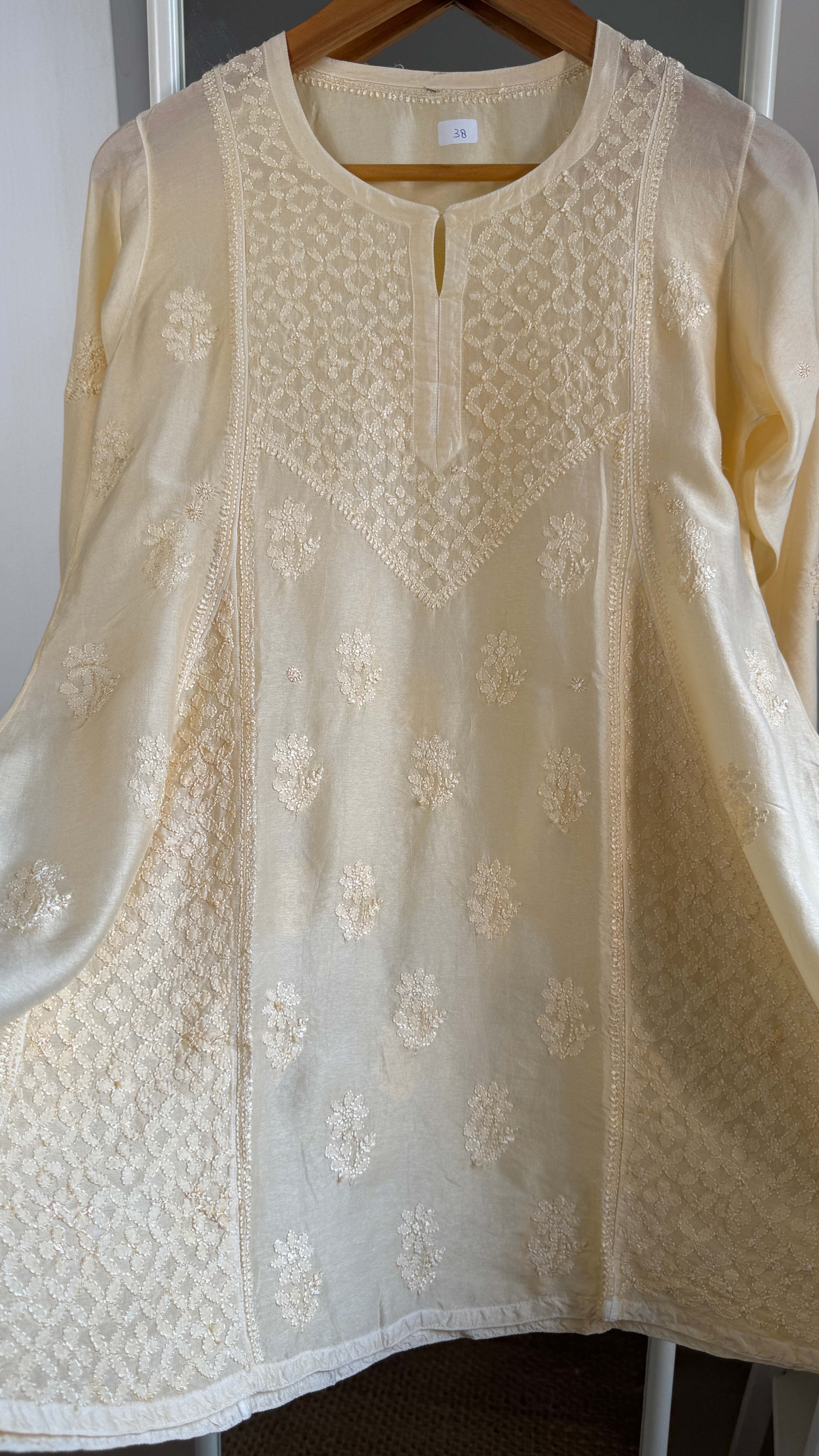 Raw Silk Chikankari kali short Top - Cream Yellow