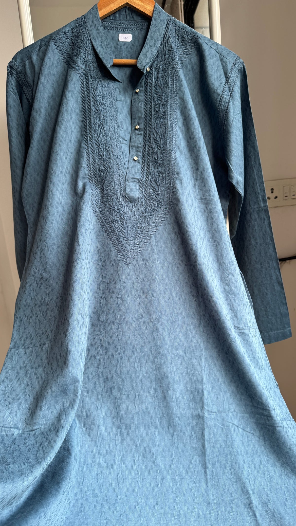 Textured Cotton Chikankari Kurta -Blue  - Men's Collection