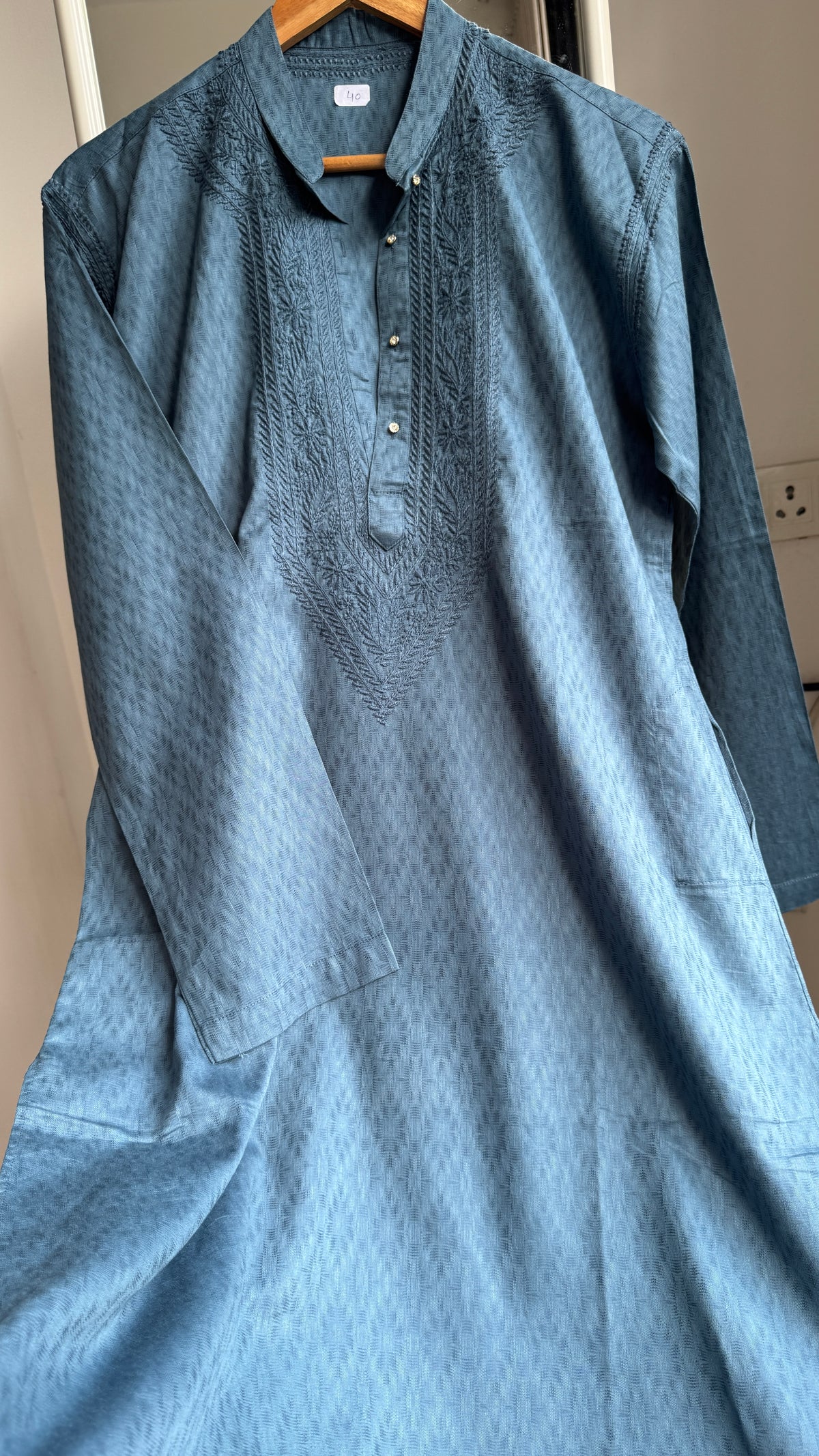 Textured Cotton Chikankari Kurta -Blue  - Men's Collection