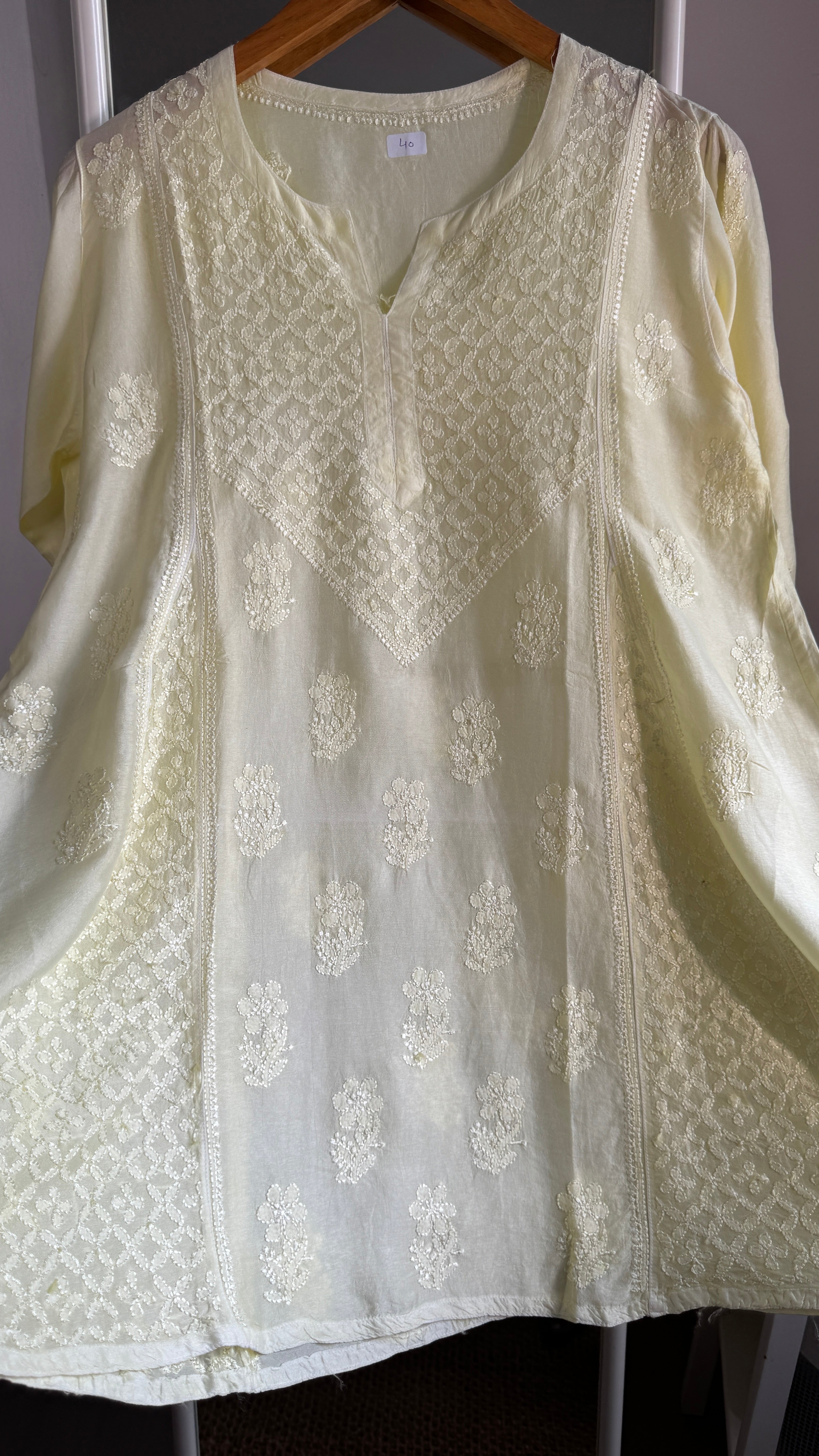 Raw Silk Chikankari kali short Top - Lemon Yellow