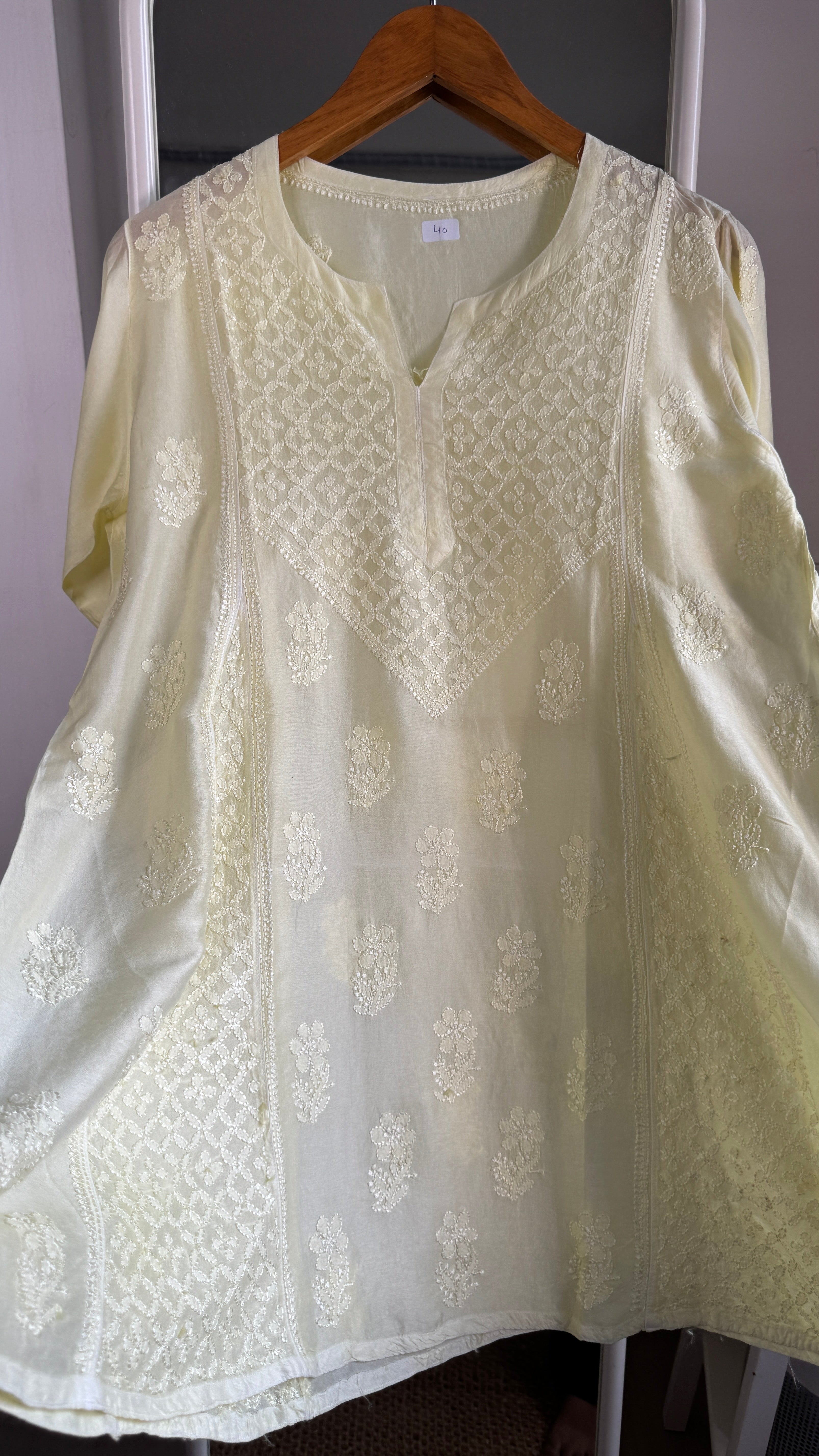 Raw Silk Chikankari kali short Top - Lemon Yellow