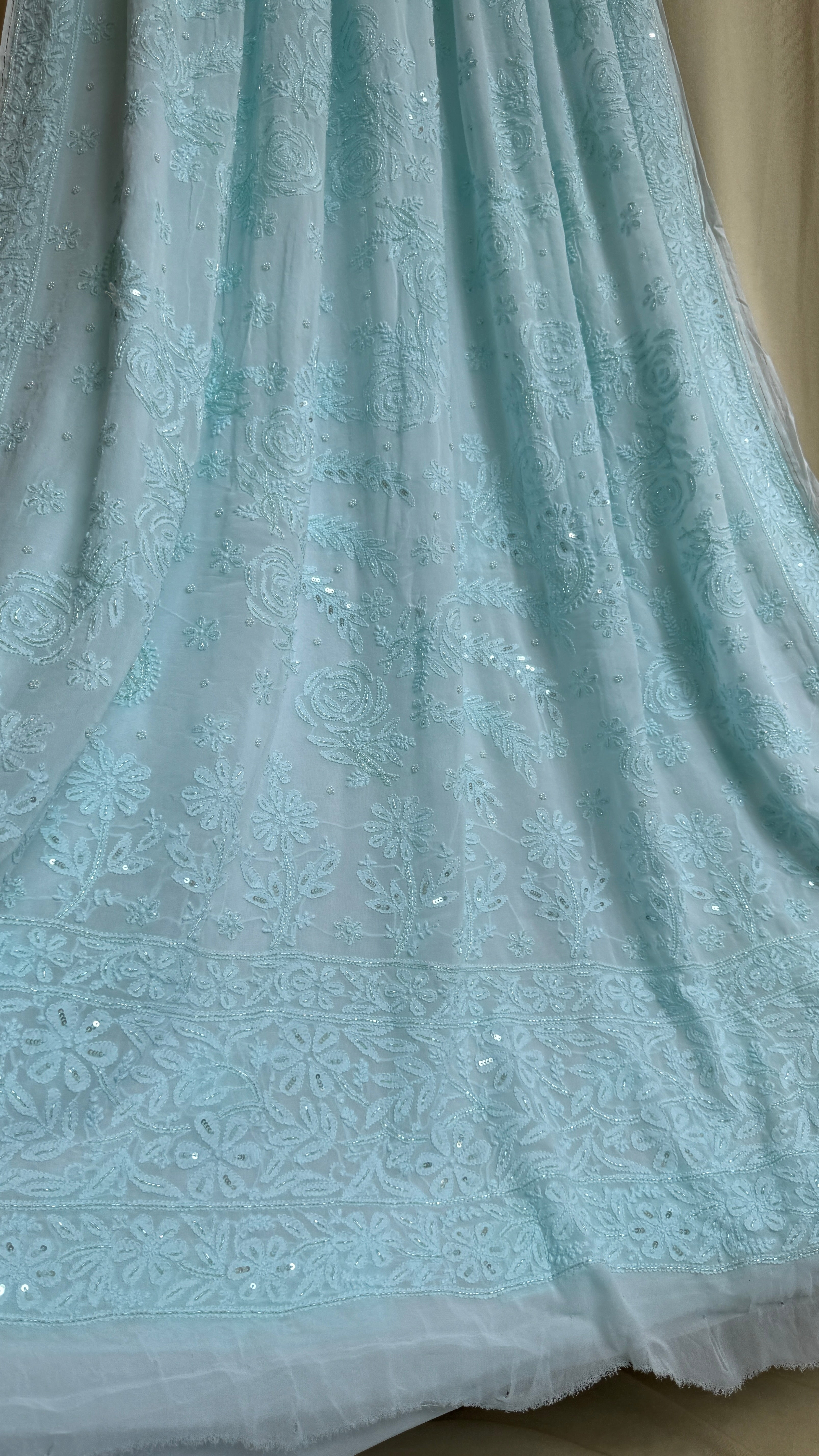 Viscose Cyan Blue Chikankari saree with Pearl embellishments