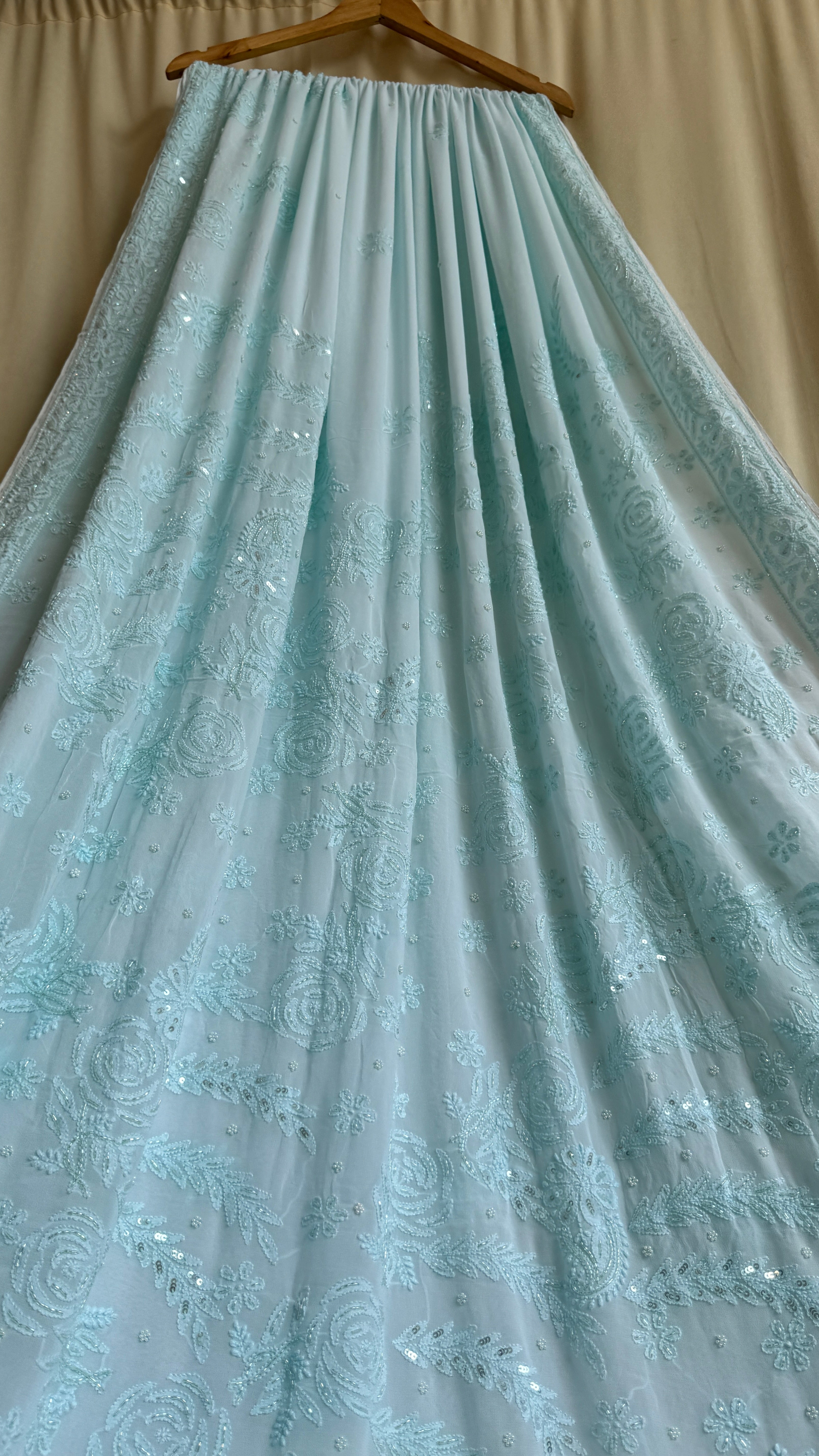 Viscose Cyan Blue Chikankari saree with Pearl embellishments