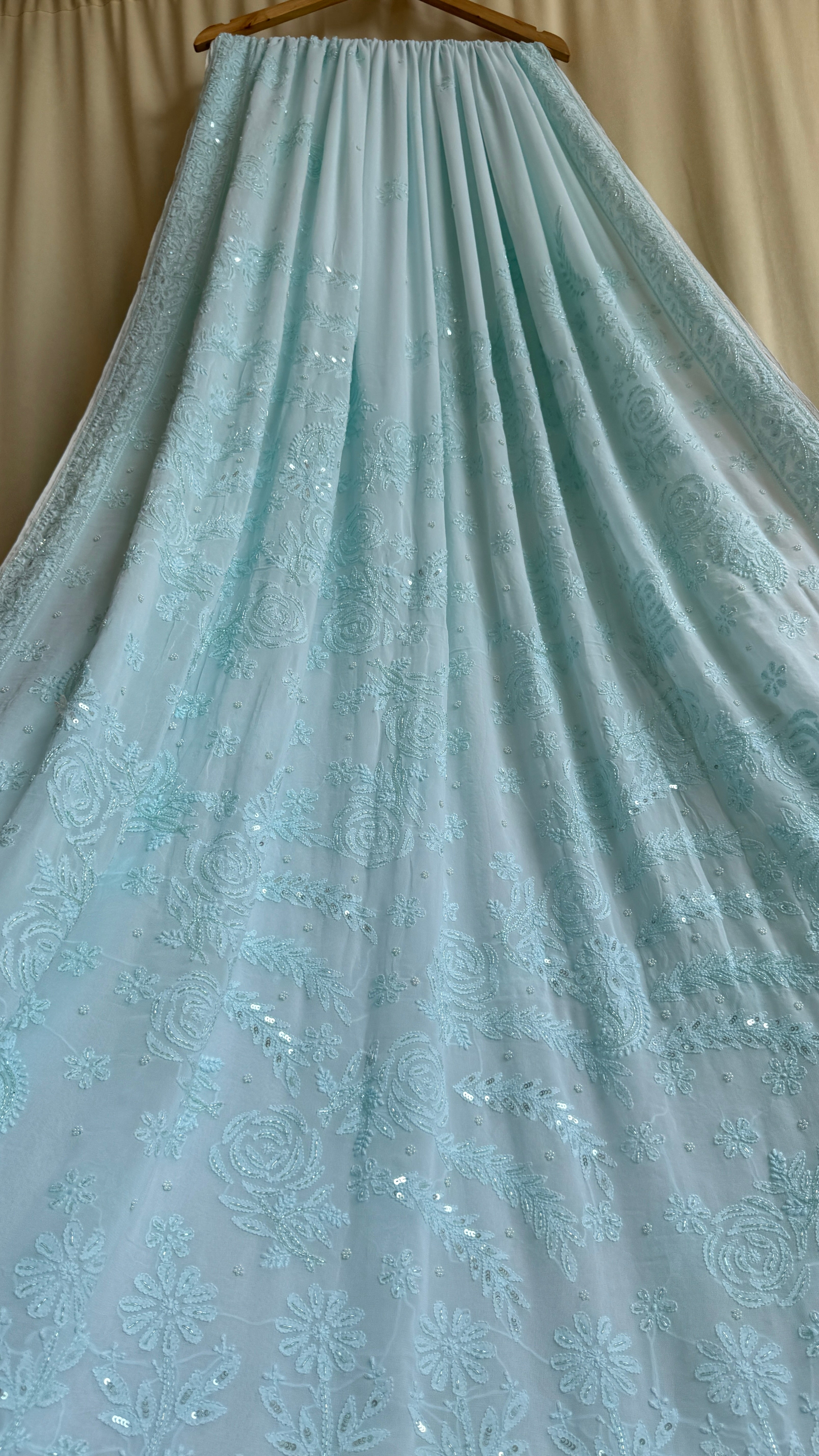 Viscose Cyan Blue Chikankari saree with Pearl embellishments