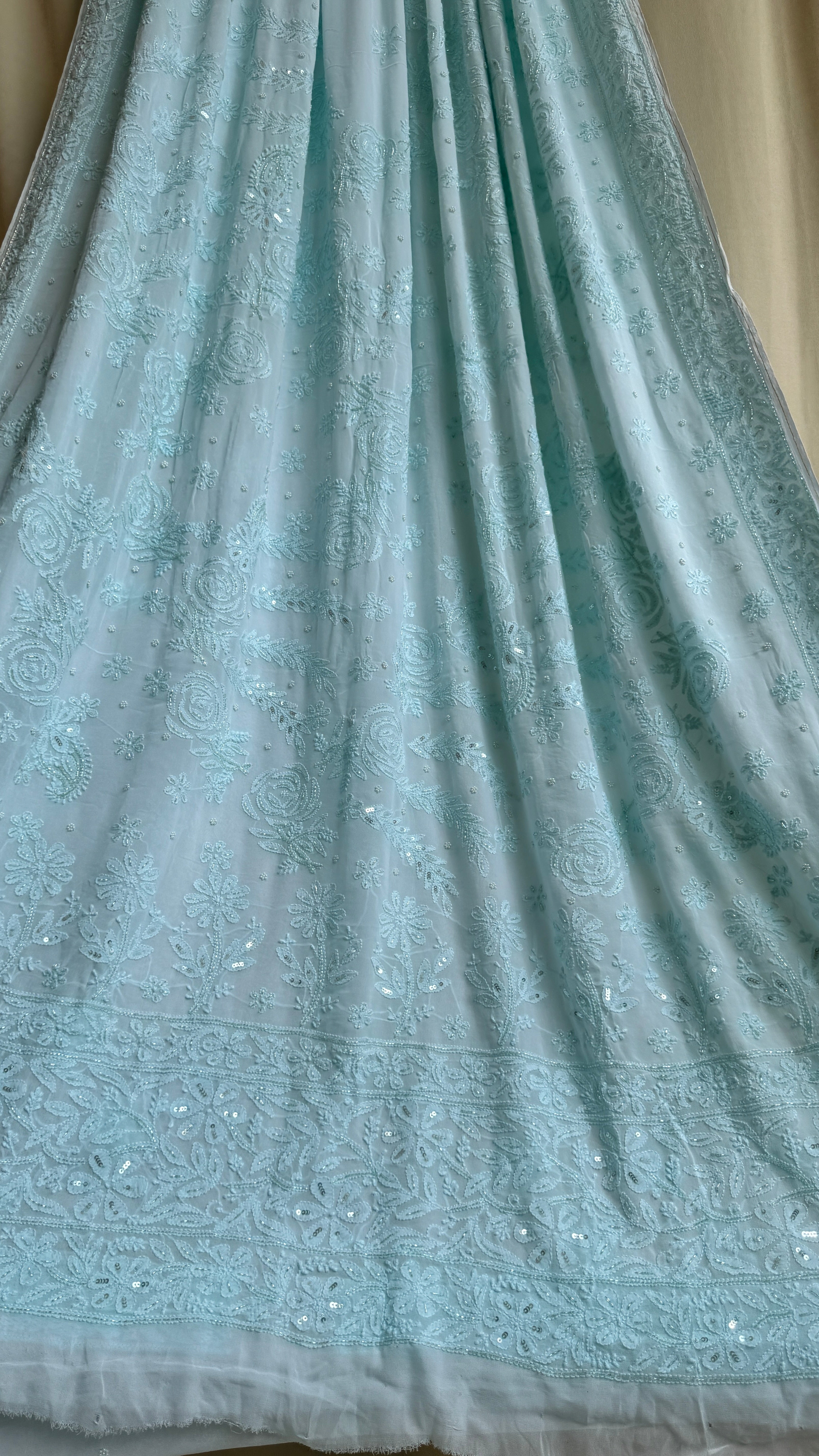 Viscose Cyan Blue Chikankari saree with Pearl embellishments