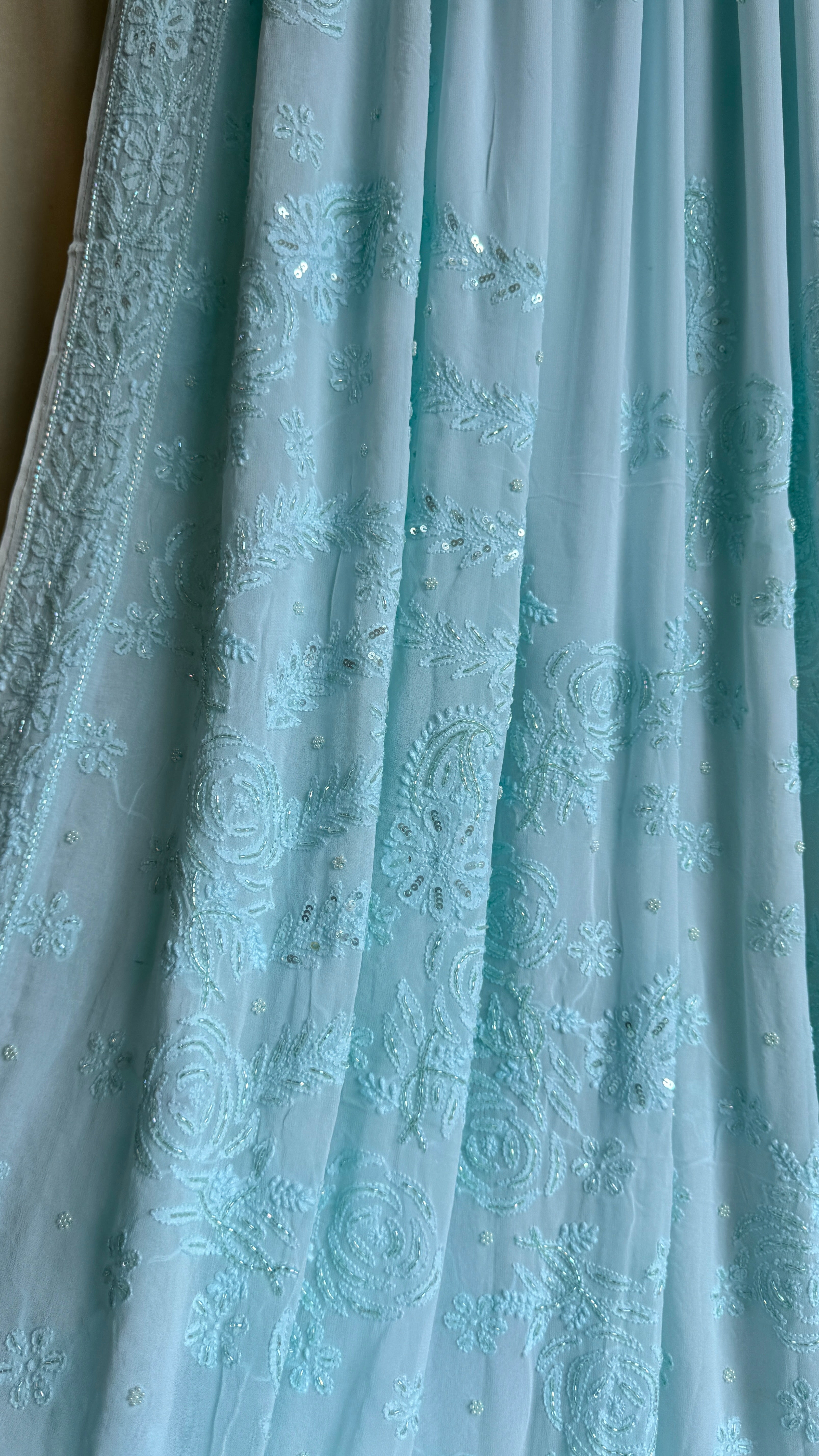 Viscose Cyan Blue Chikankari saree with Pearl embellishments