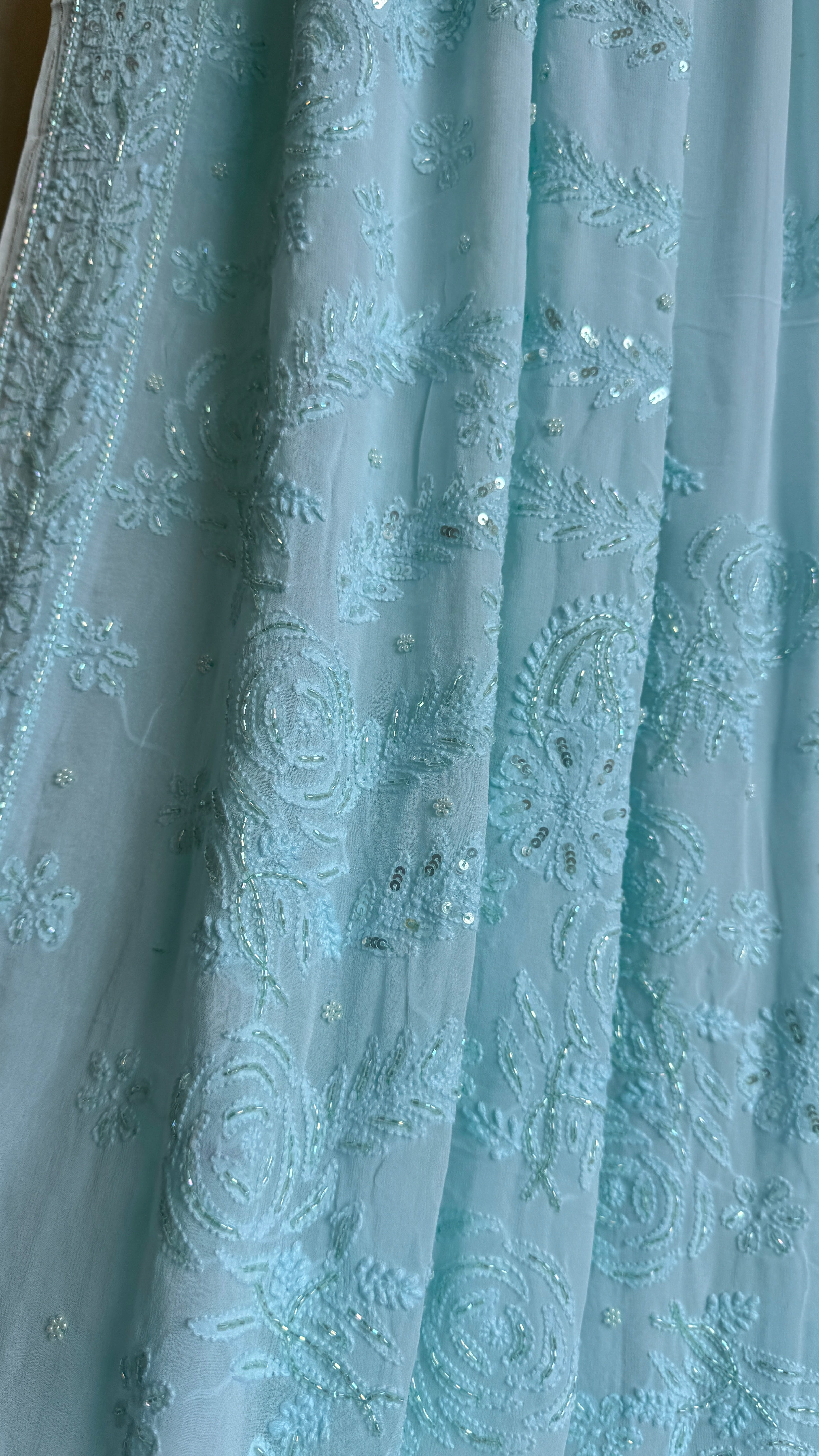 Viscose Cyan Blue Chikankari saree with Pearl embellishments