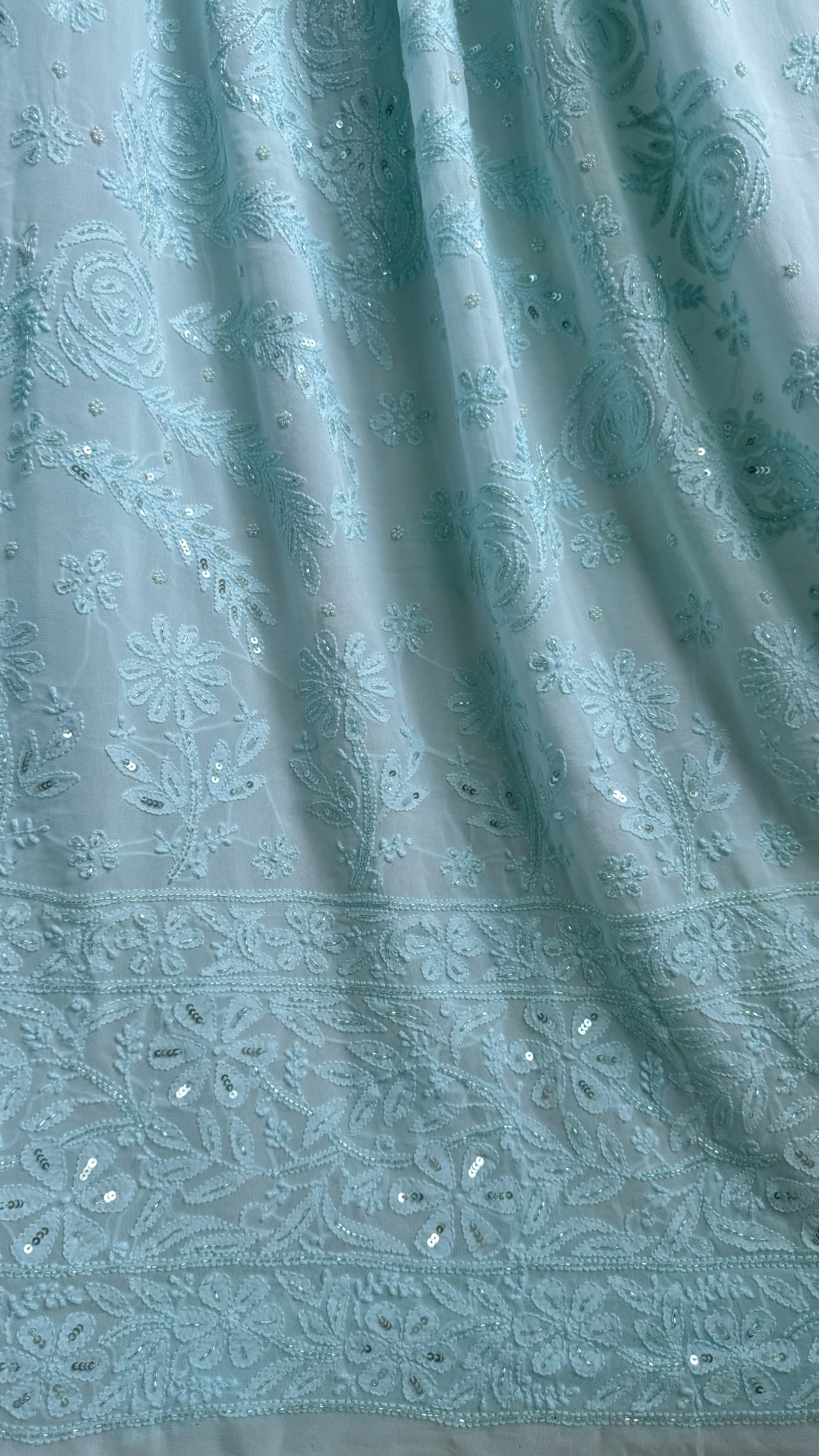 Viscose Cyan Blue Chikankari saree with Pearl embellishments