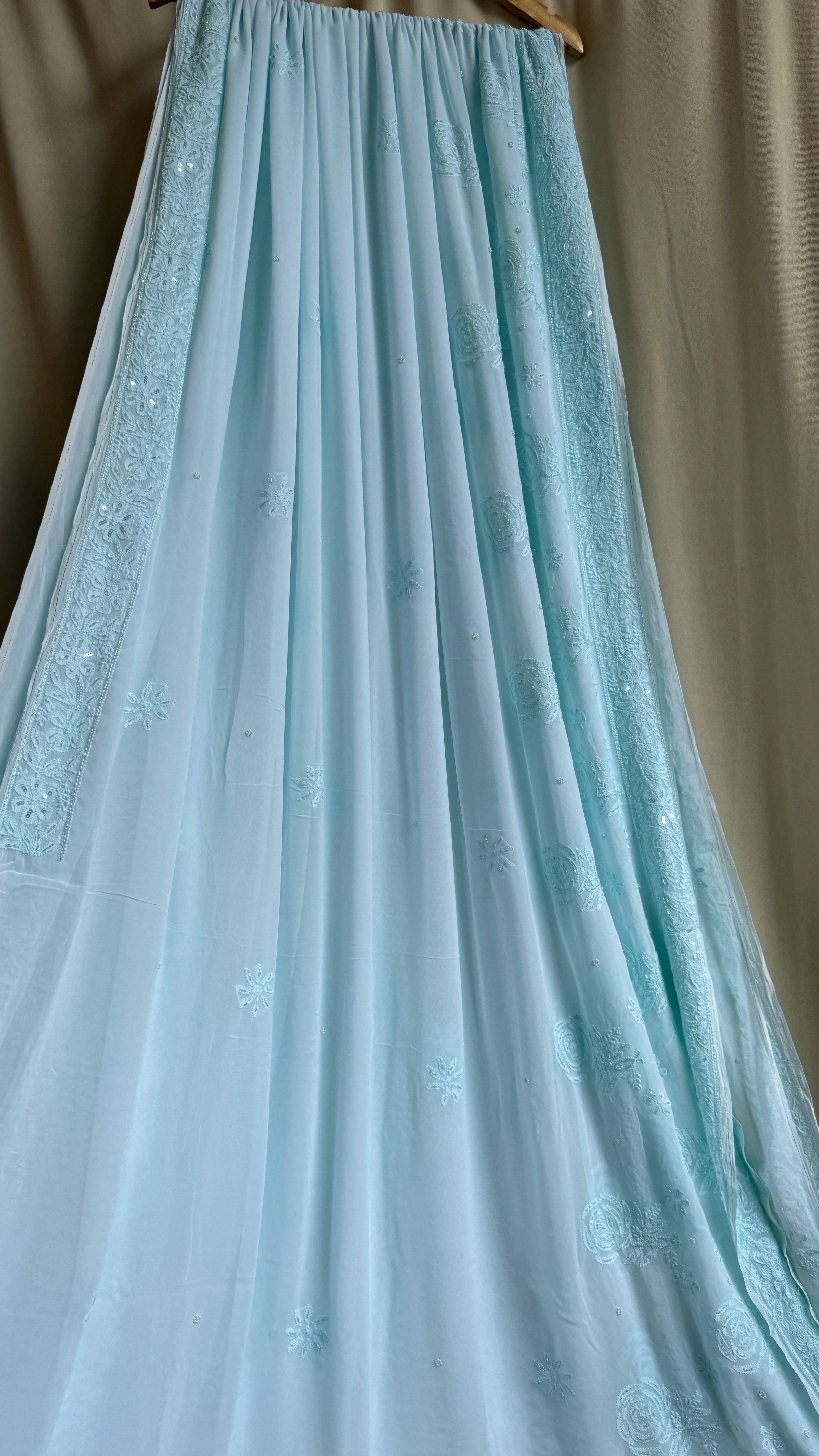 Viscose Cyan Blue Chikankari saree with Pearl embellishments