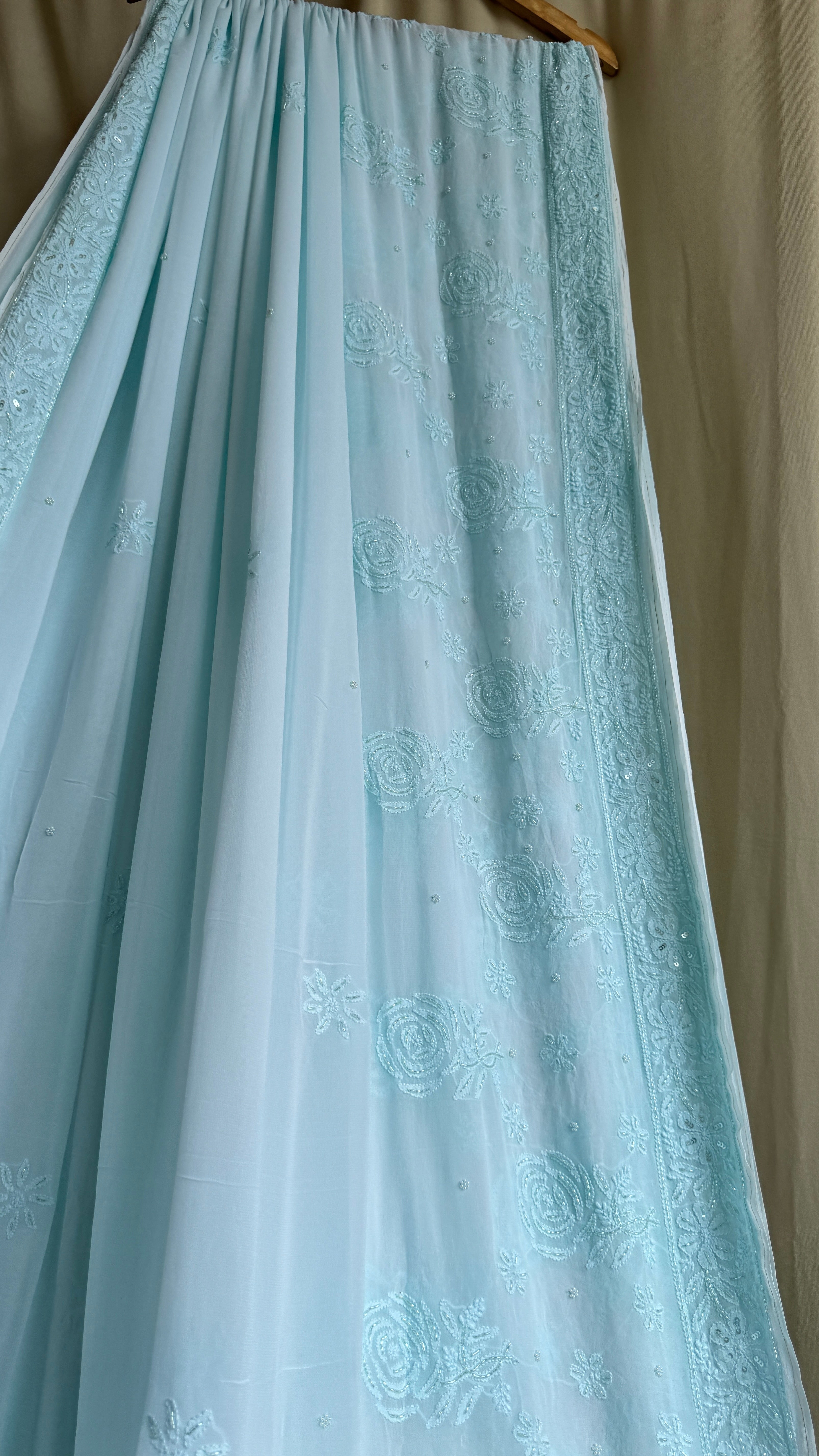 Viscose Cyan Blue Chikankari saree with Pearl embellishments