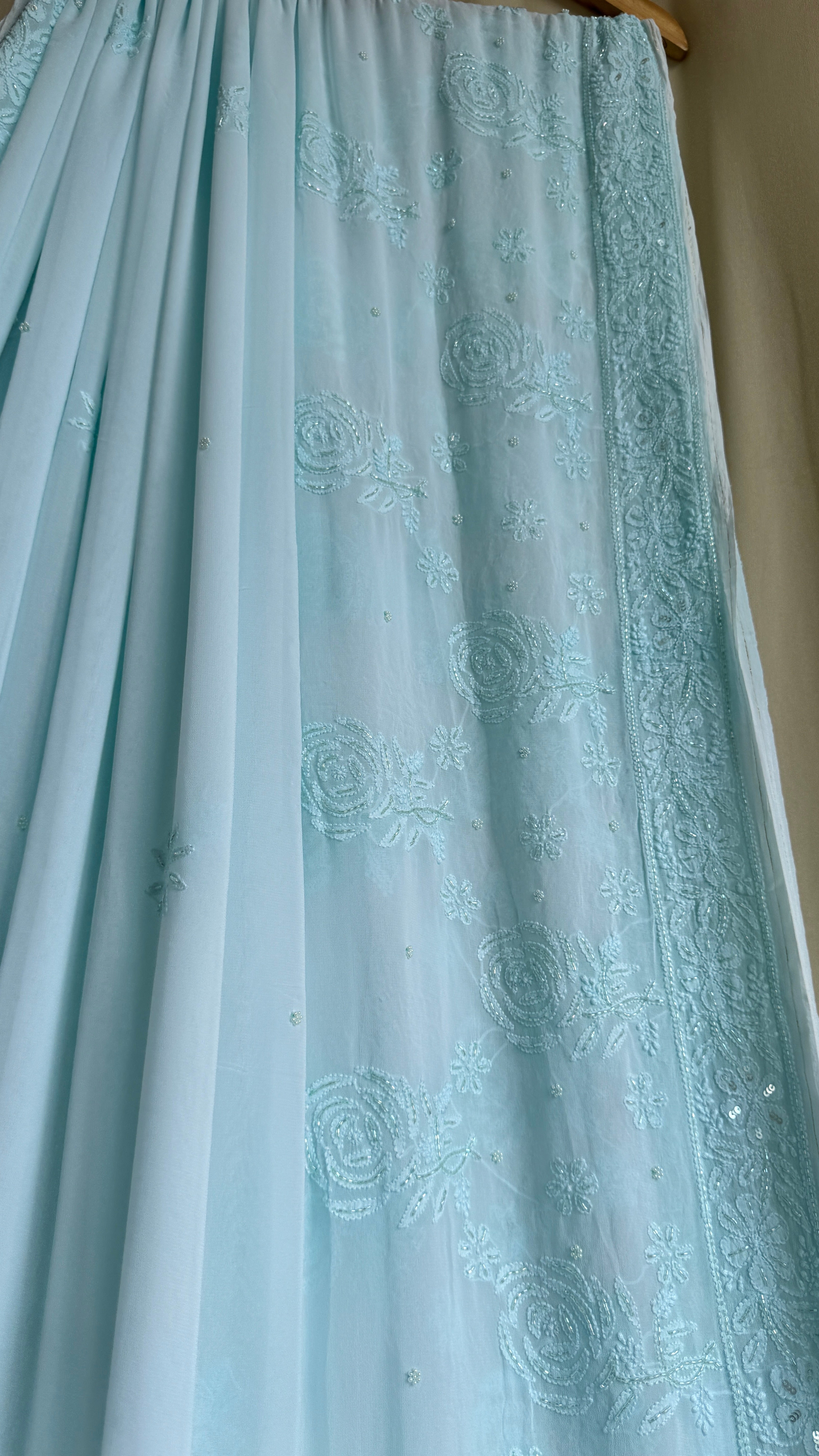 Viscose Cyan Blue Chikankari saree with Pearl embellishments