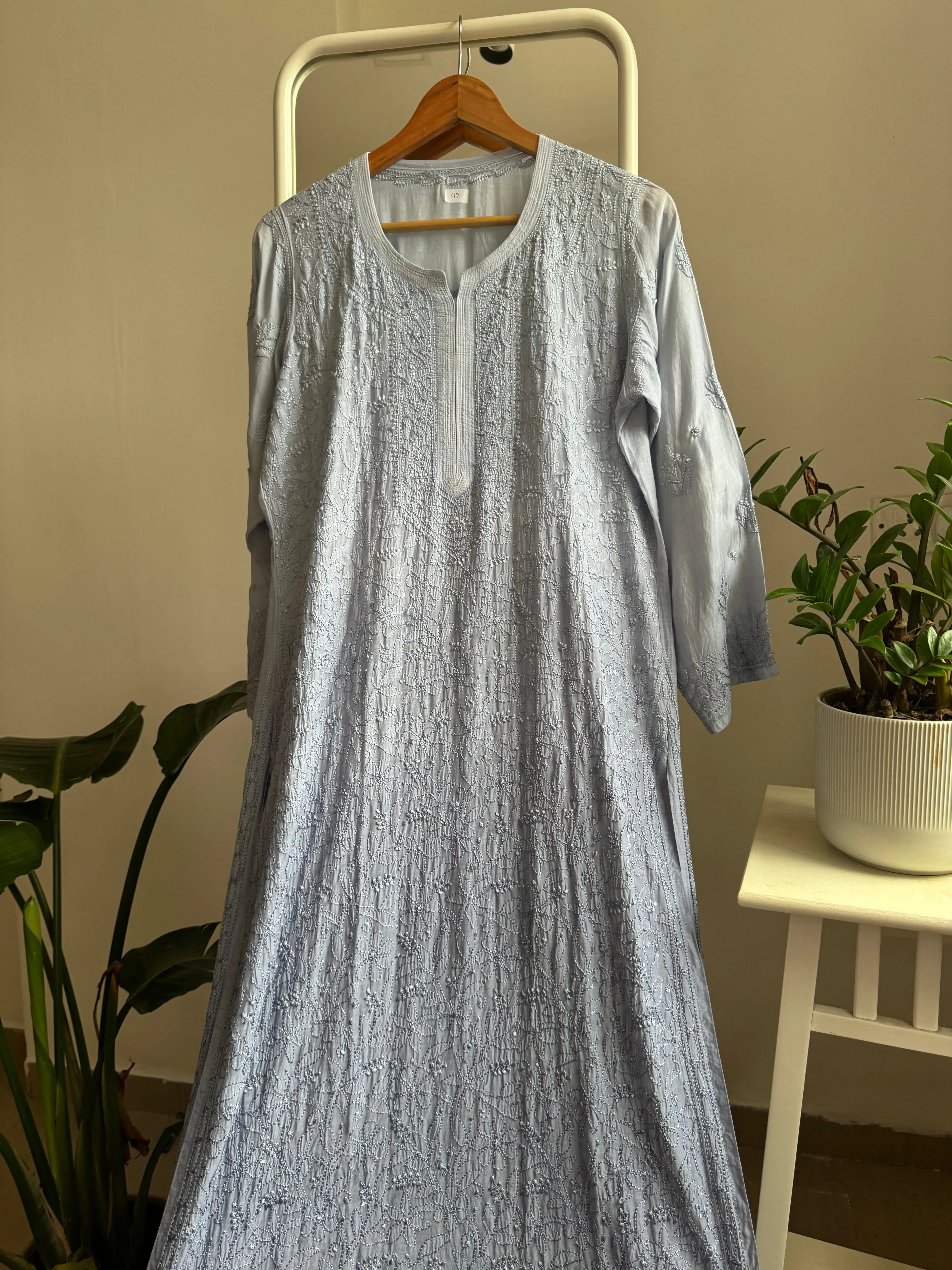 Muslin Chikankari Kurti - Grey Ombre ARIAA CHIKANKARI 