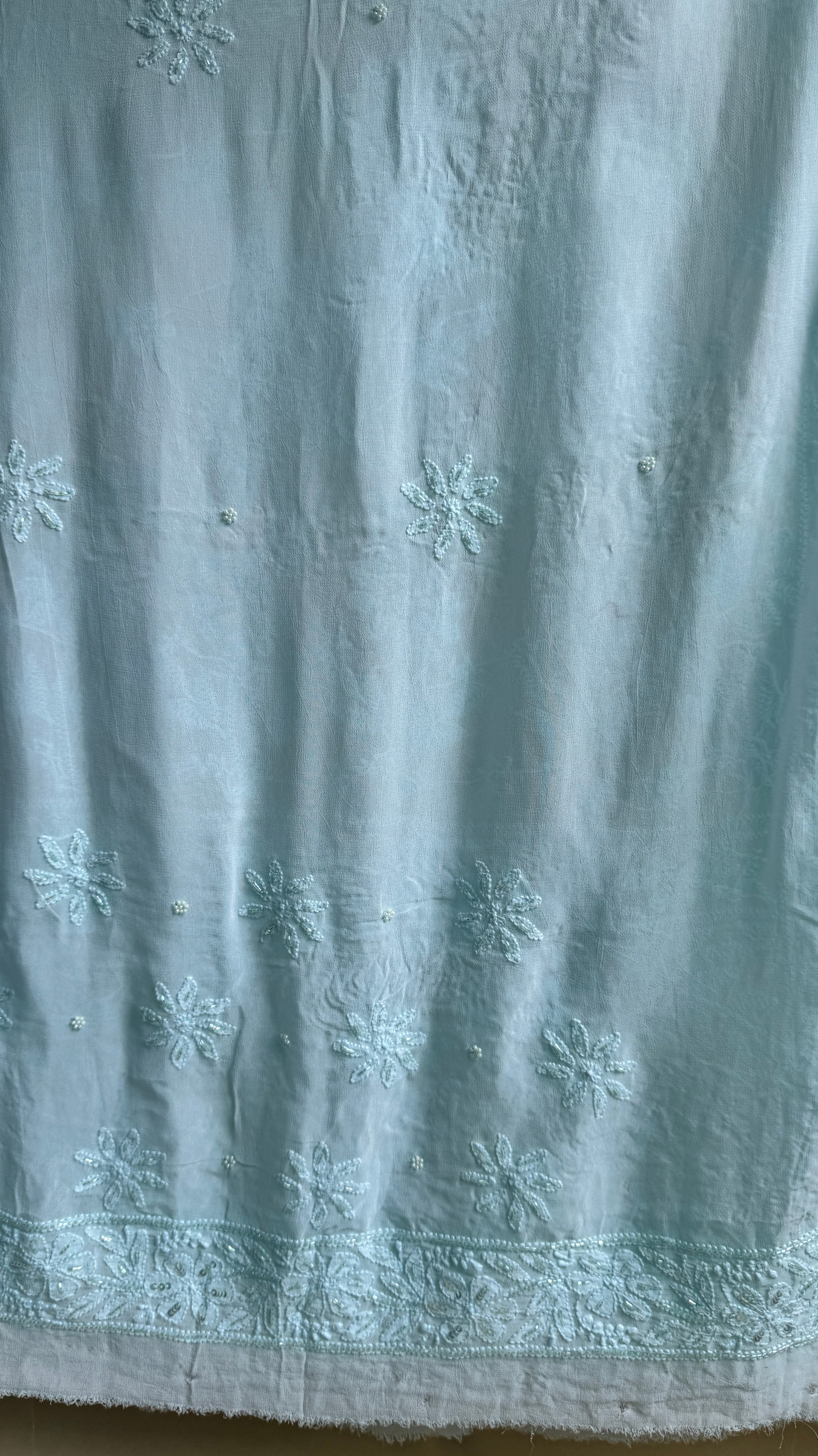 Viscose Cyan Blue Chikankari saree with Pearl embellishments
