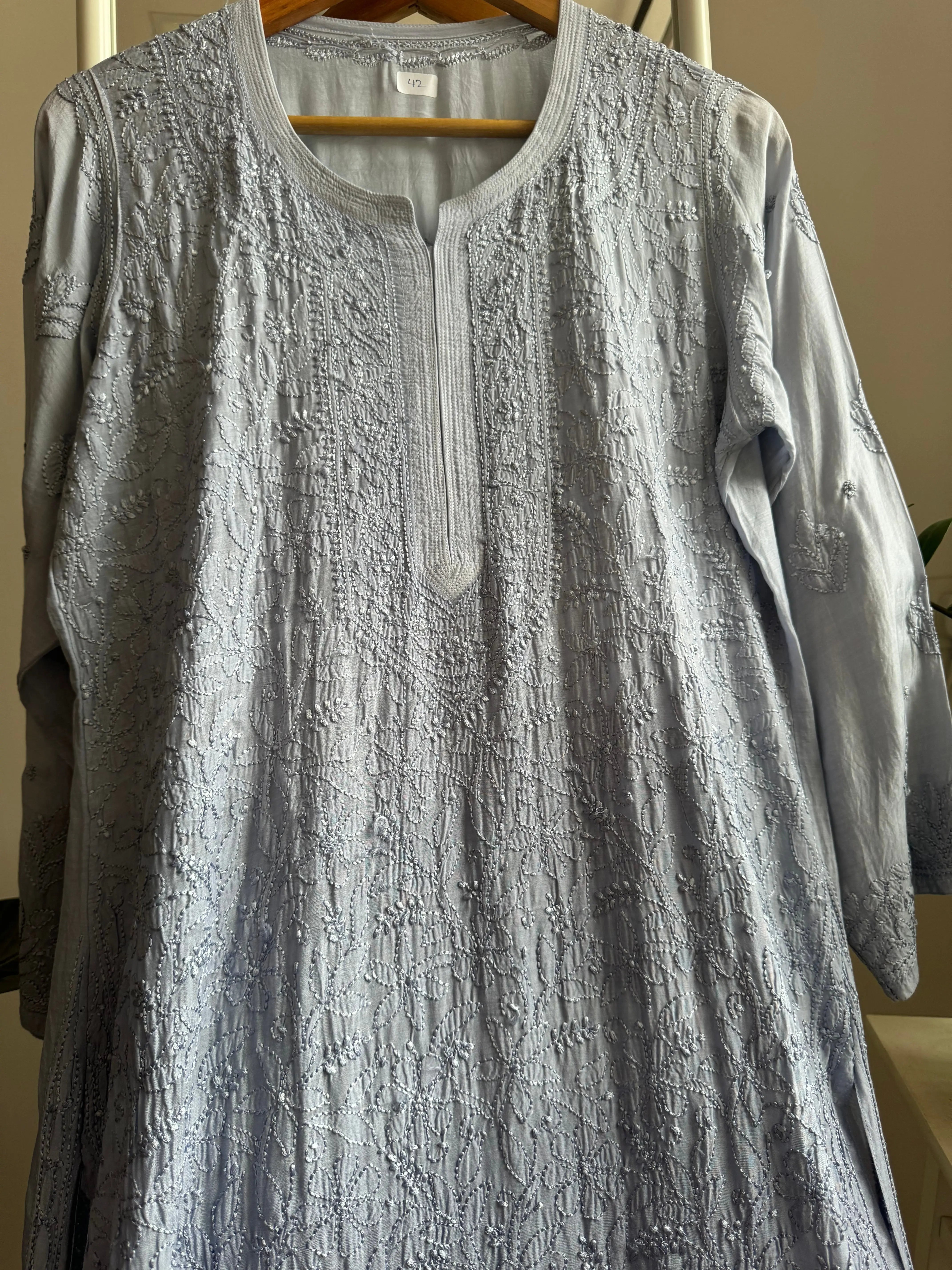 Muslin Chikankari Kurti - Grey Ombre ARIAA CHIKANKARI 