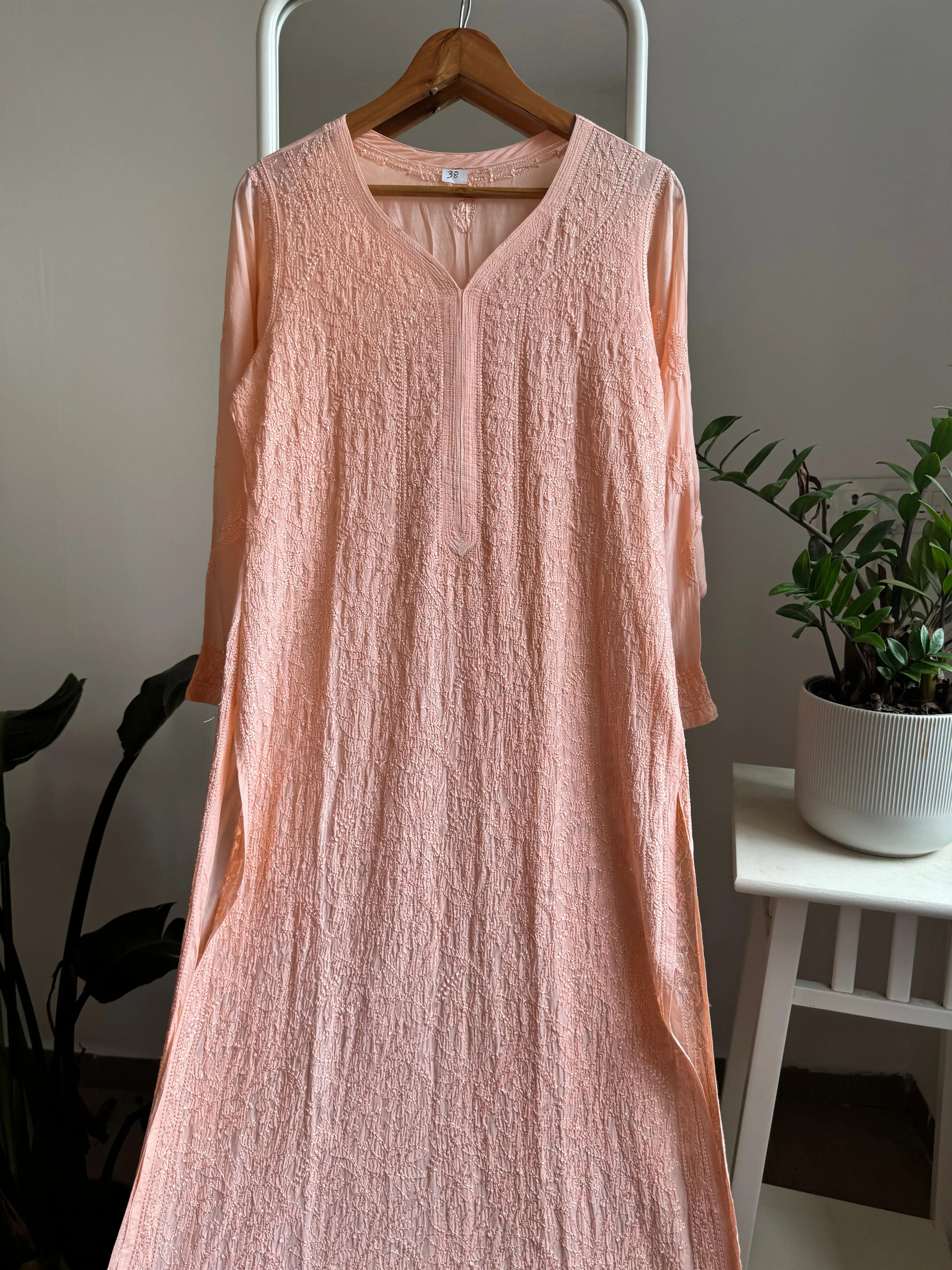 Muslin Chikankari Kurti - Peach ARIAA CHIKANKARI 