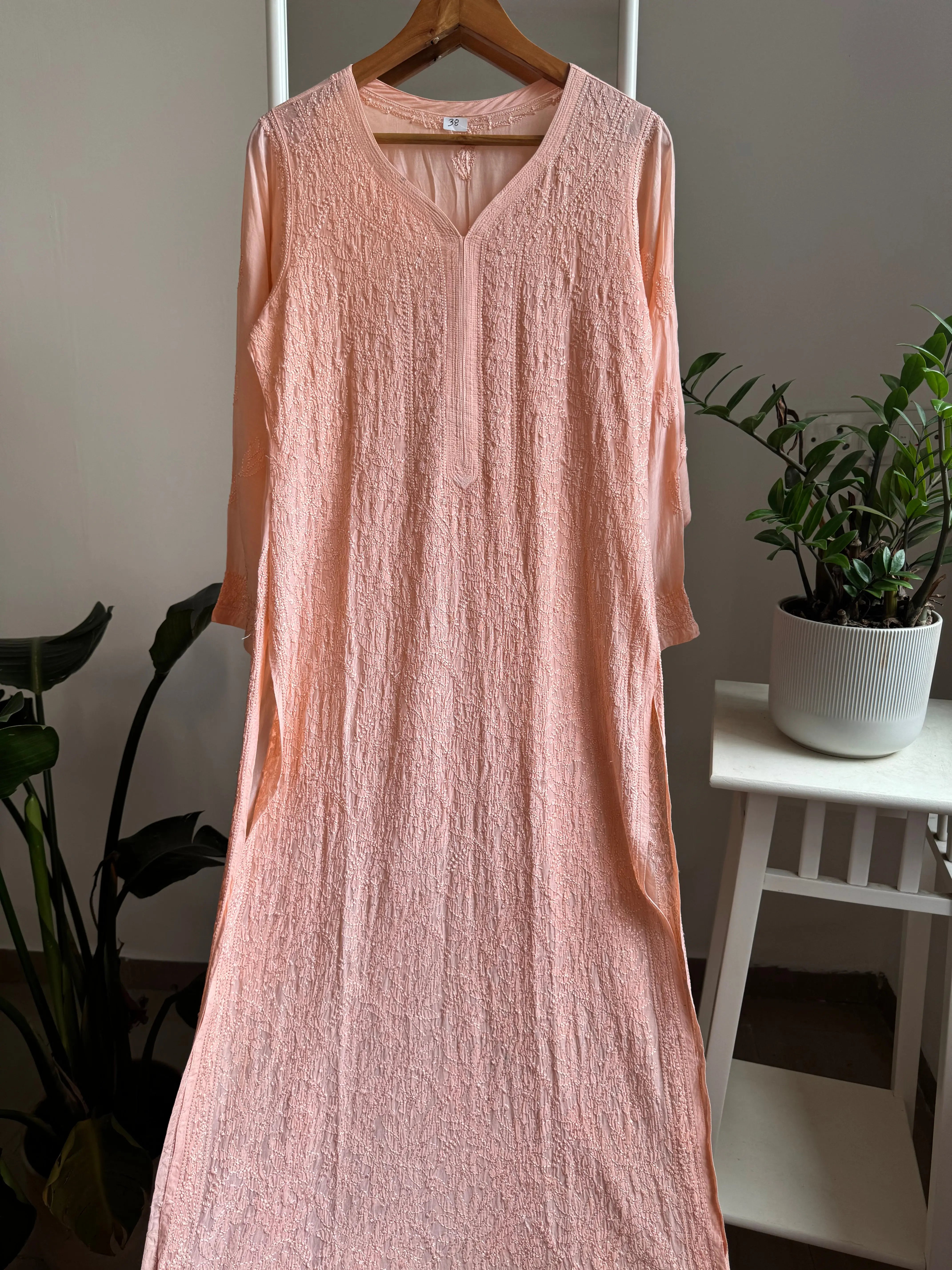 Muslin Chikankari Kurti - Peach ARIAA CHIKANKARI 