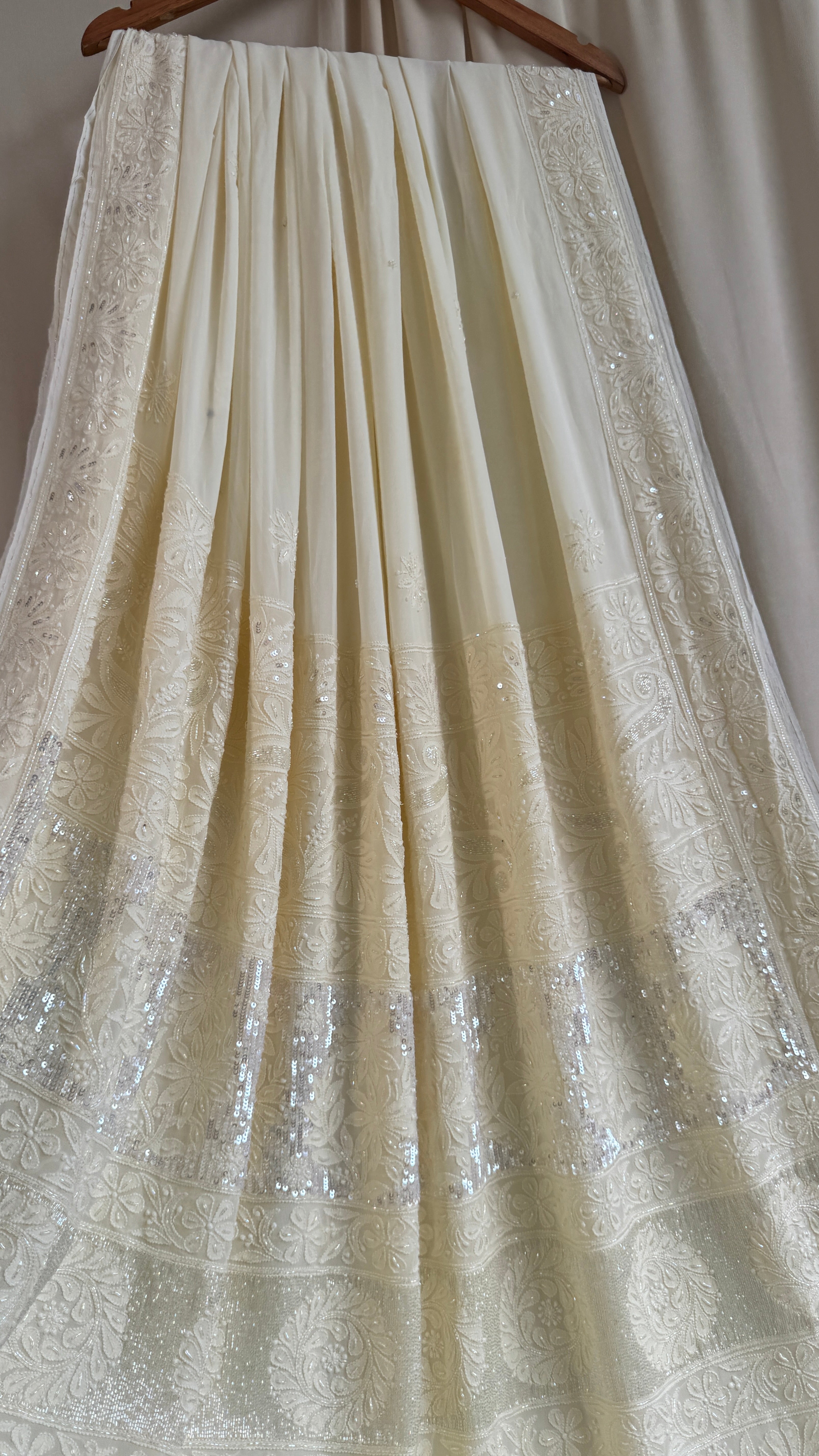 Viscose Cream Yellow Chikankari saree with Pearl embellishments
