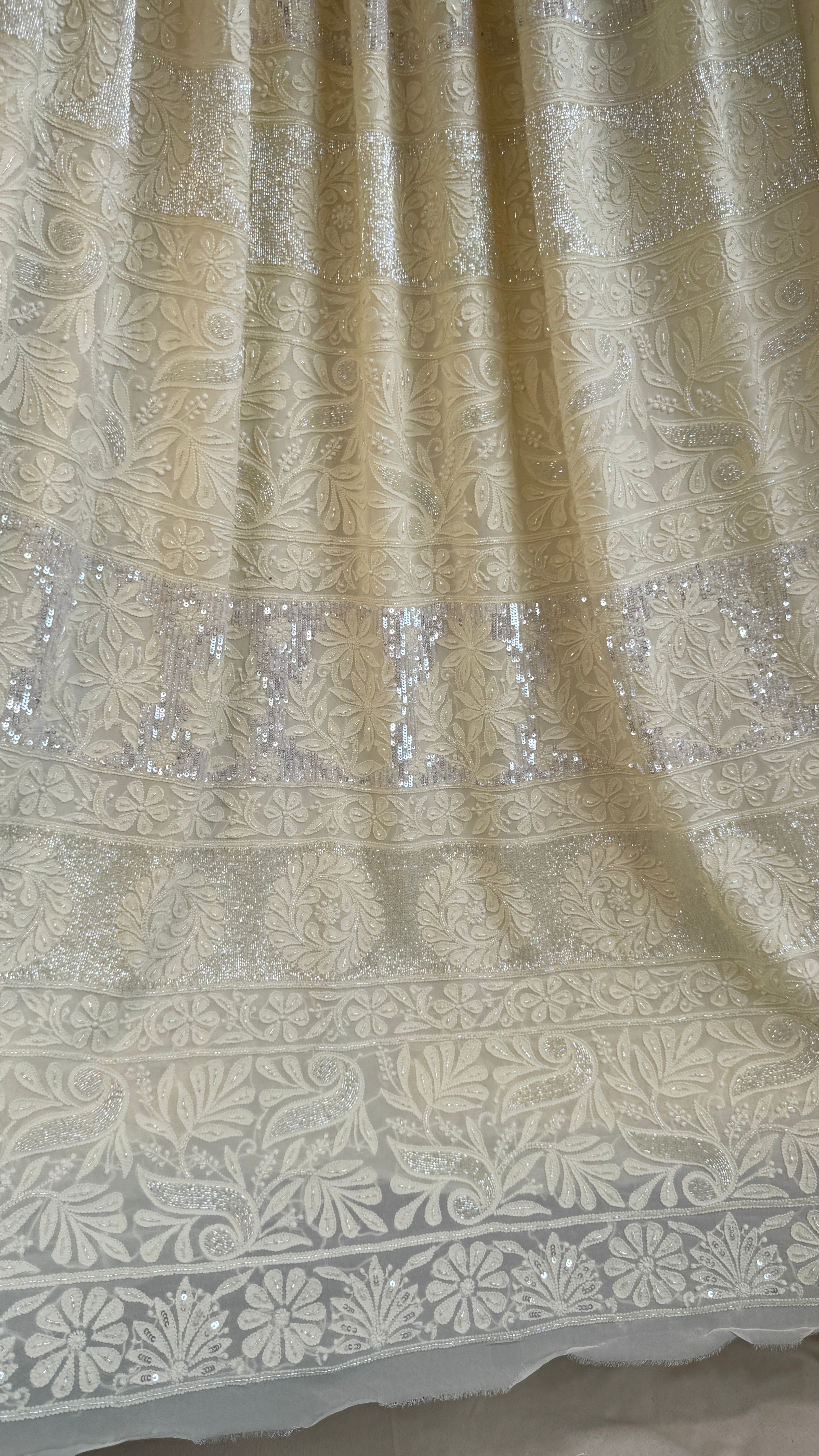 Viscose Cream Yellow Chikankari saree with Pearl embellishments