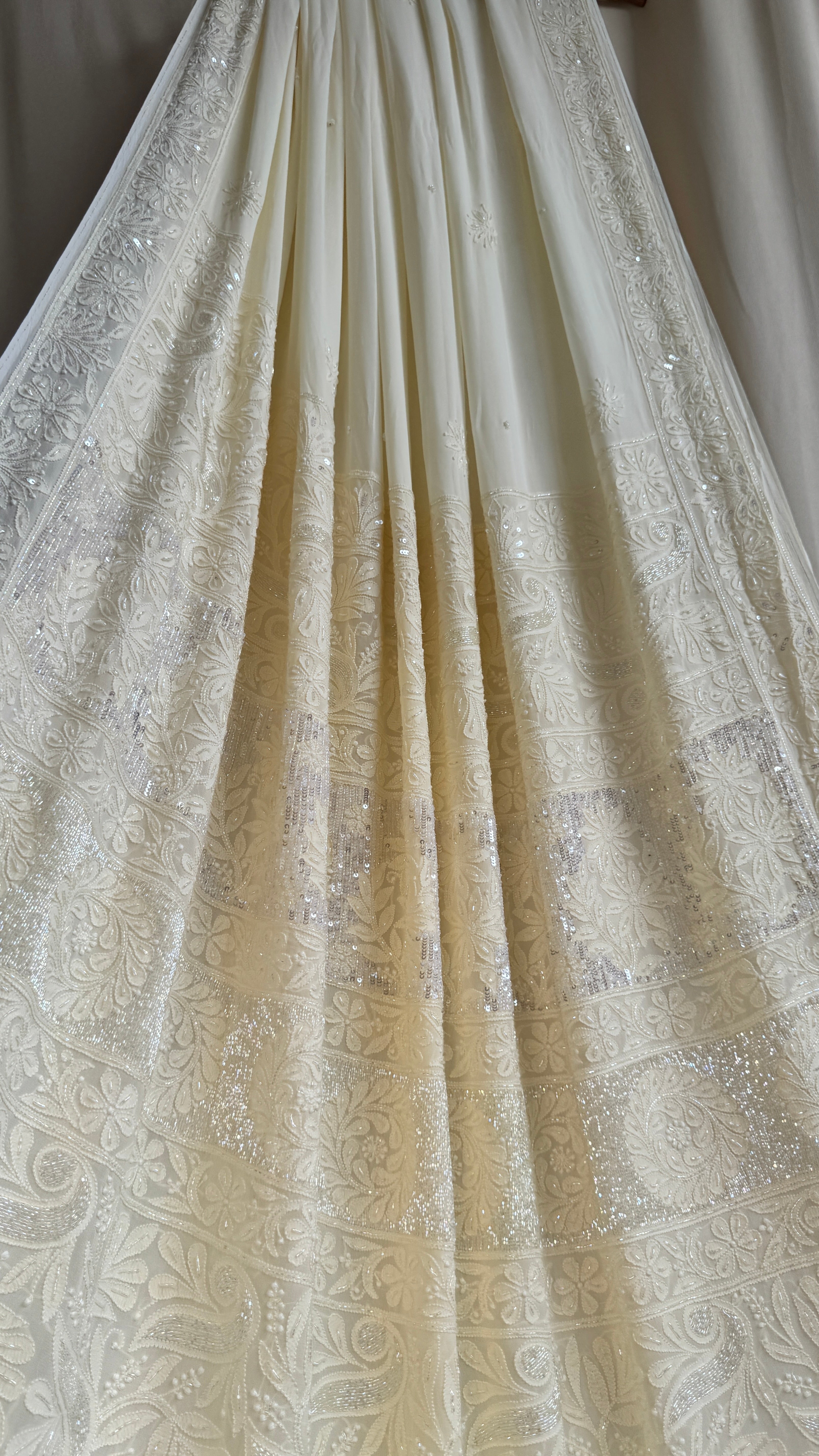 Viscose Cream Yellow Chikankari saree with Pearl embellishments