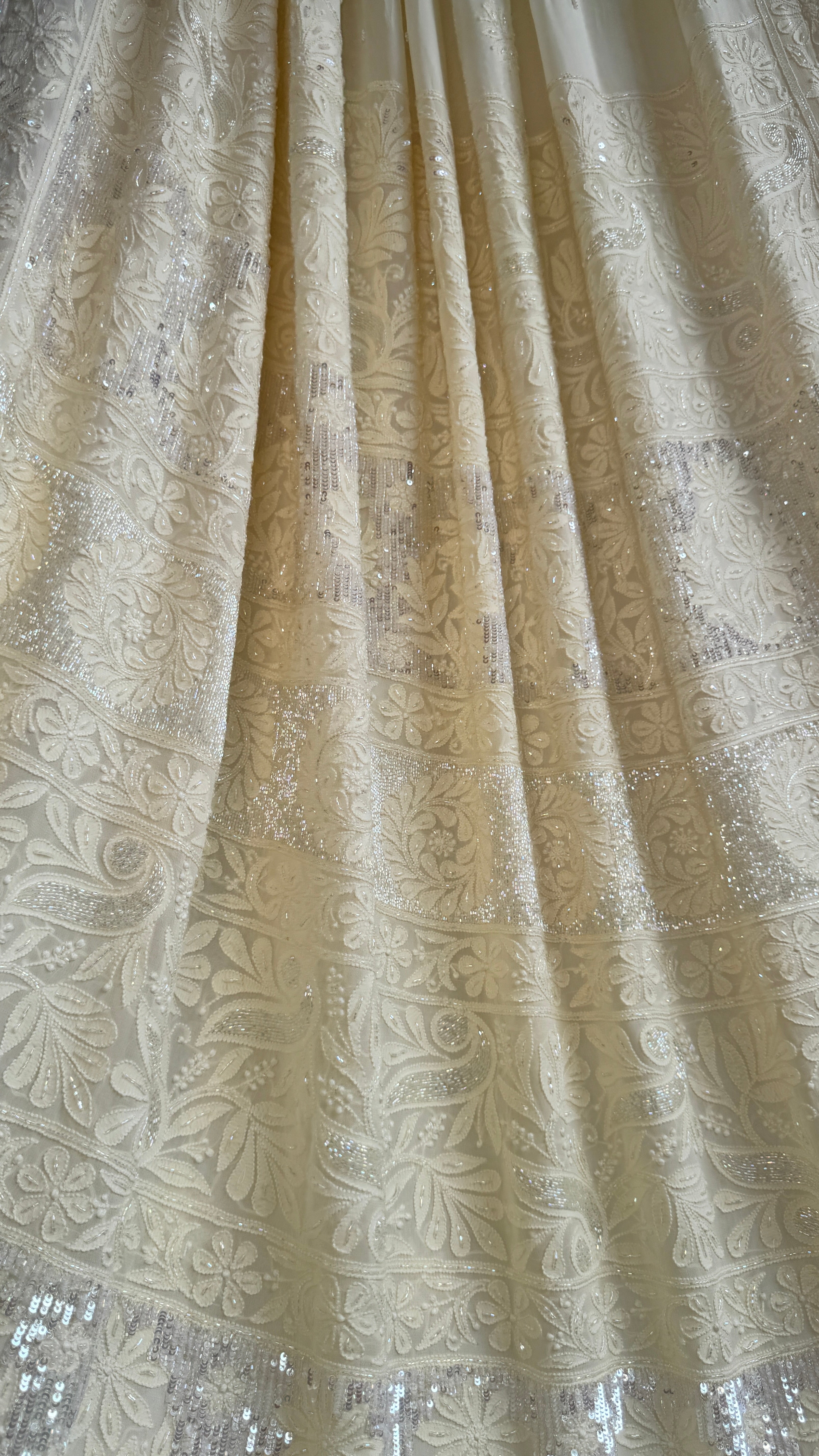 Viscose Cream Yellow Chikankari saree with Pearl embellishments