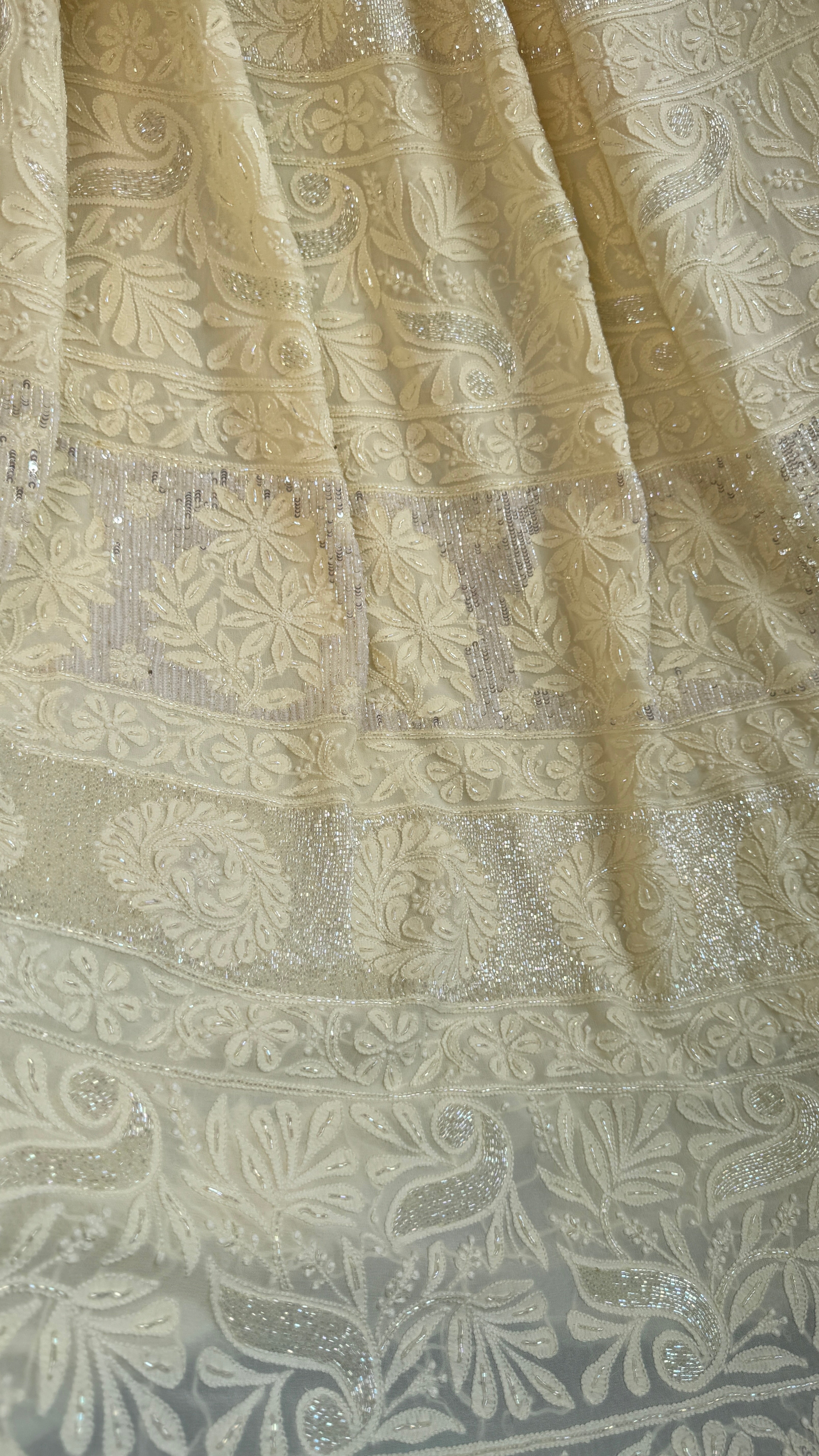 Viscose Cream Yellow Chikankari saree with Pearl embellishments