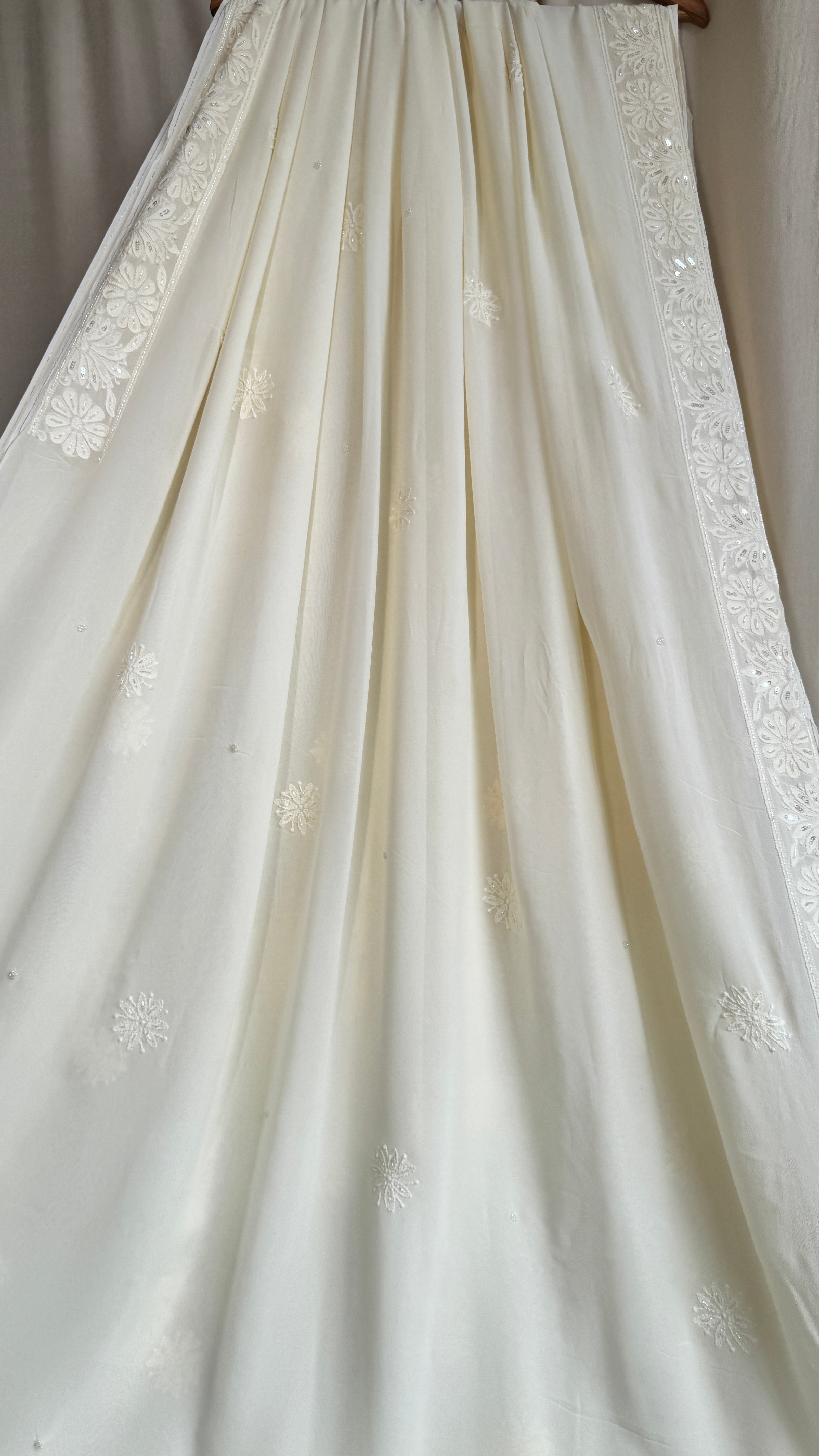 Viscose Cream Yellow Chikankari saree with Pearl embellishments