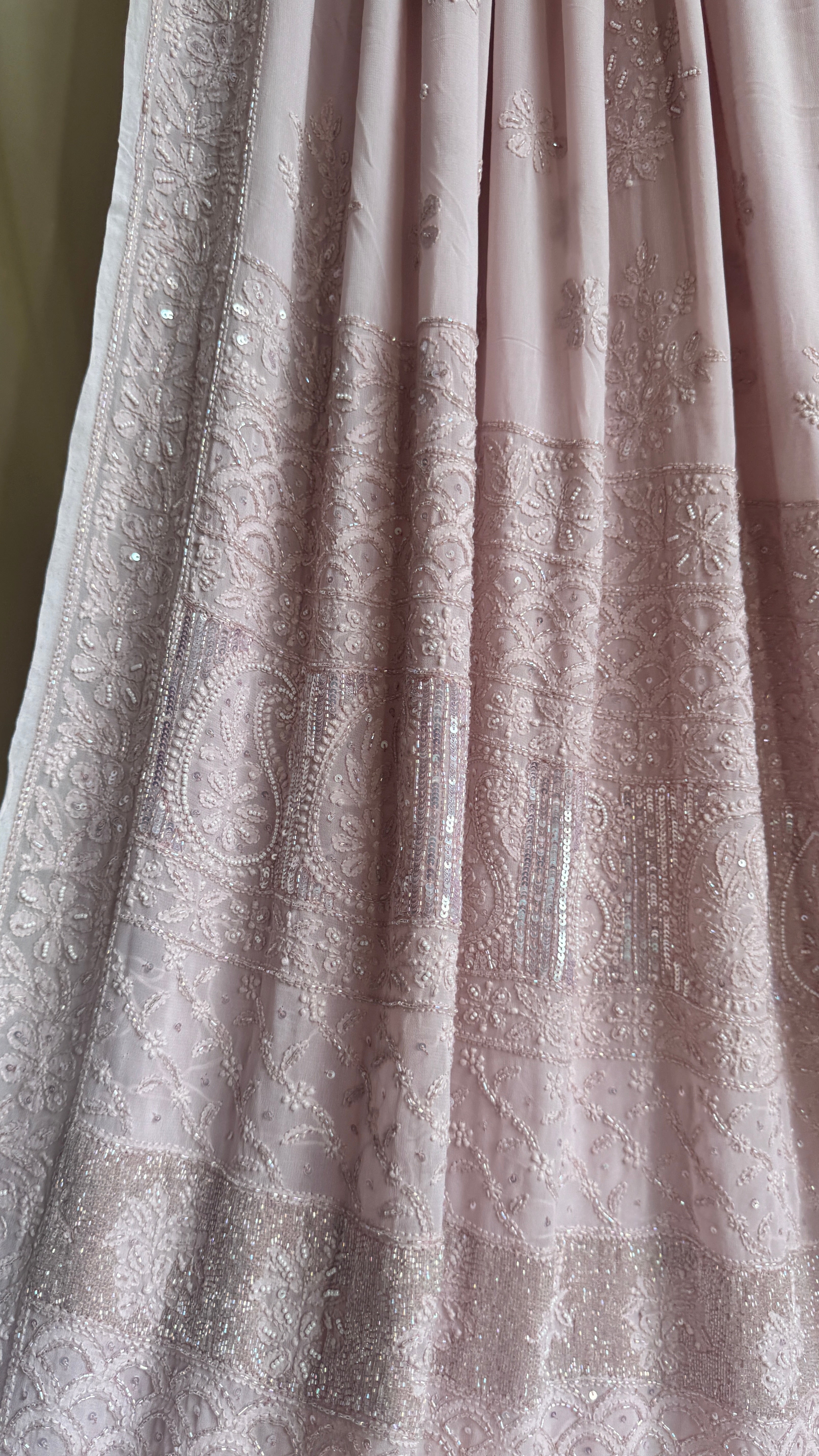Viscose Rose Pink Chikankari saree with Pearl embellishments