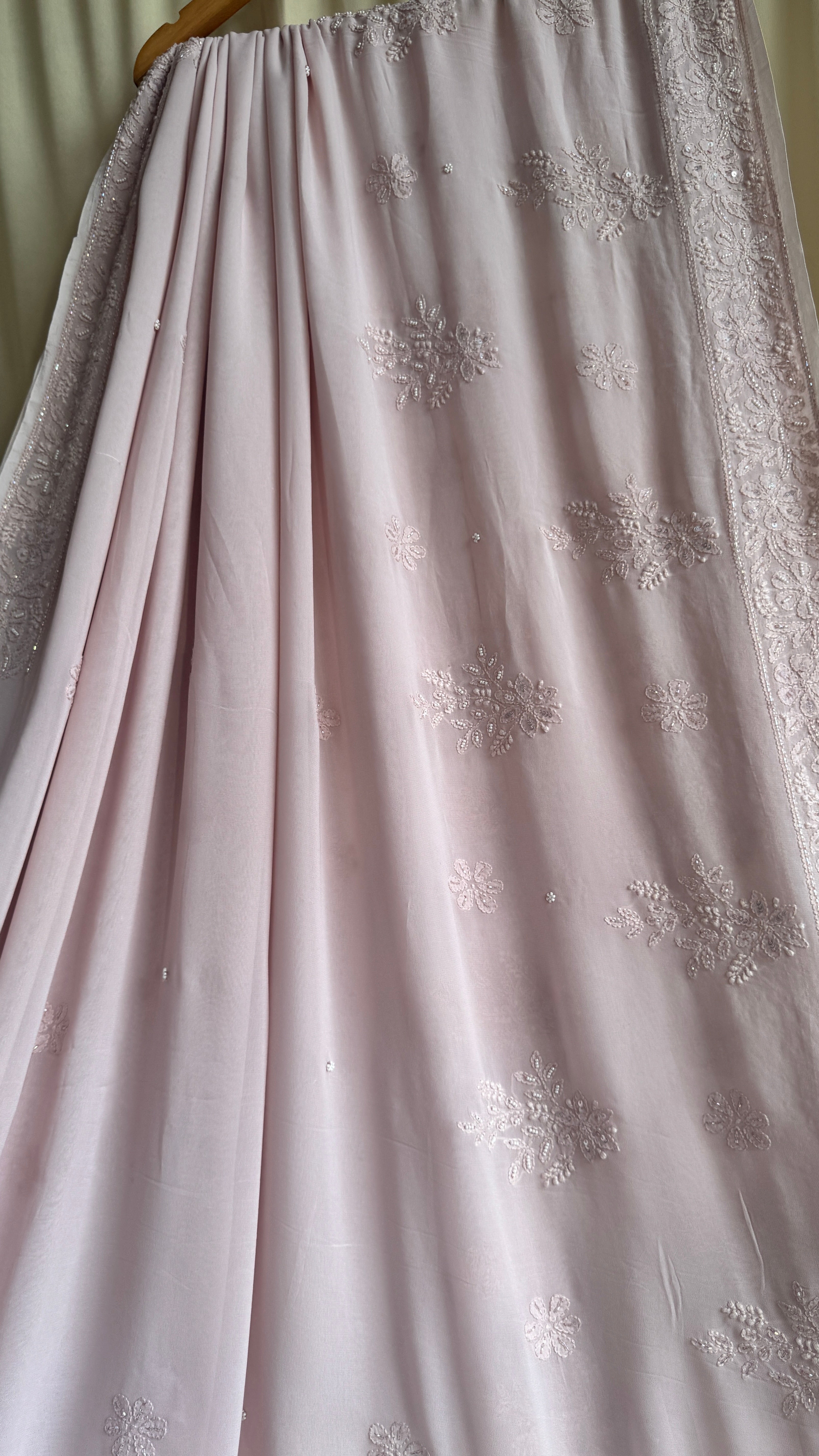 Viscose Rose Pink Chikankari saree with Pearl embellishments