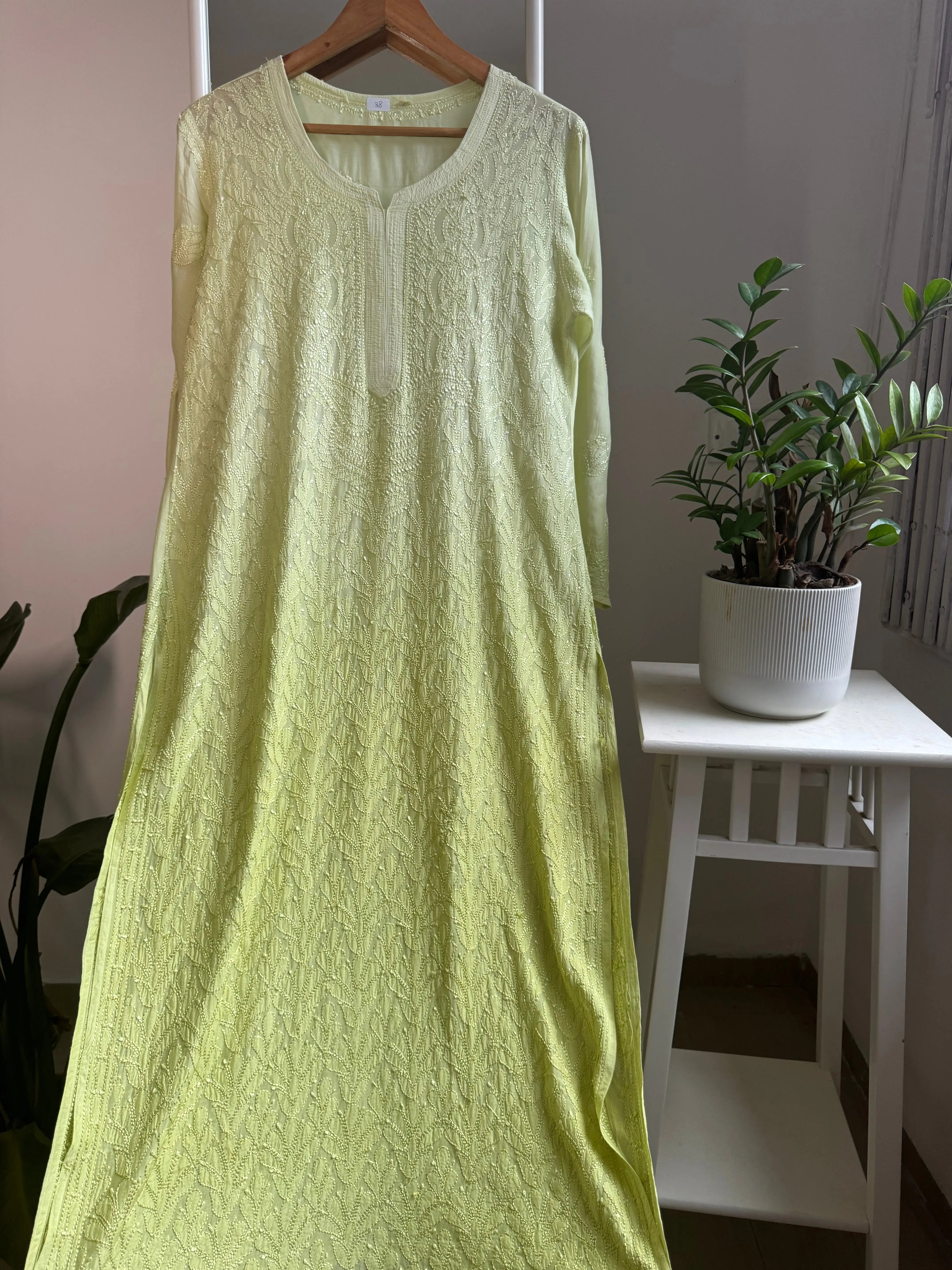 Muslin Chikankari Kurti - Light Green ARIAA CHIKANKARI 