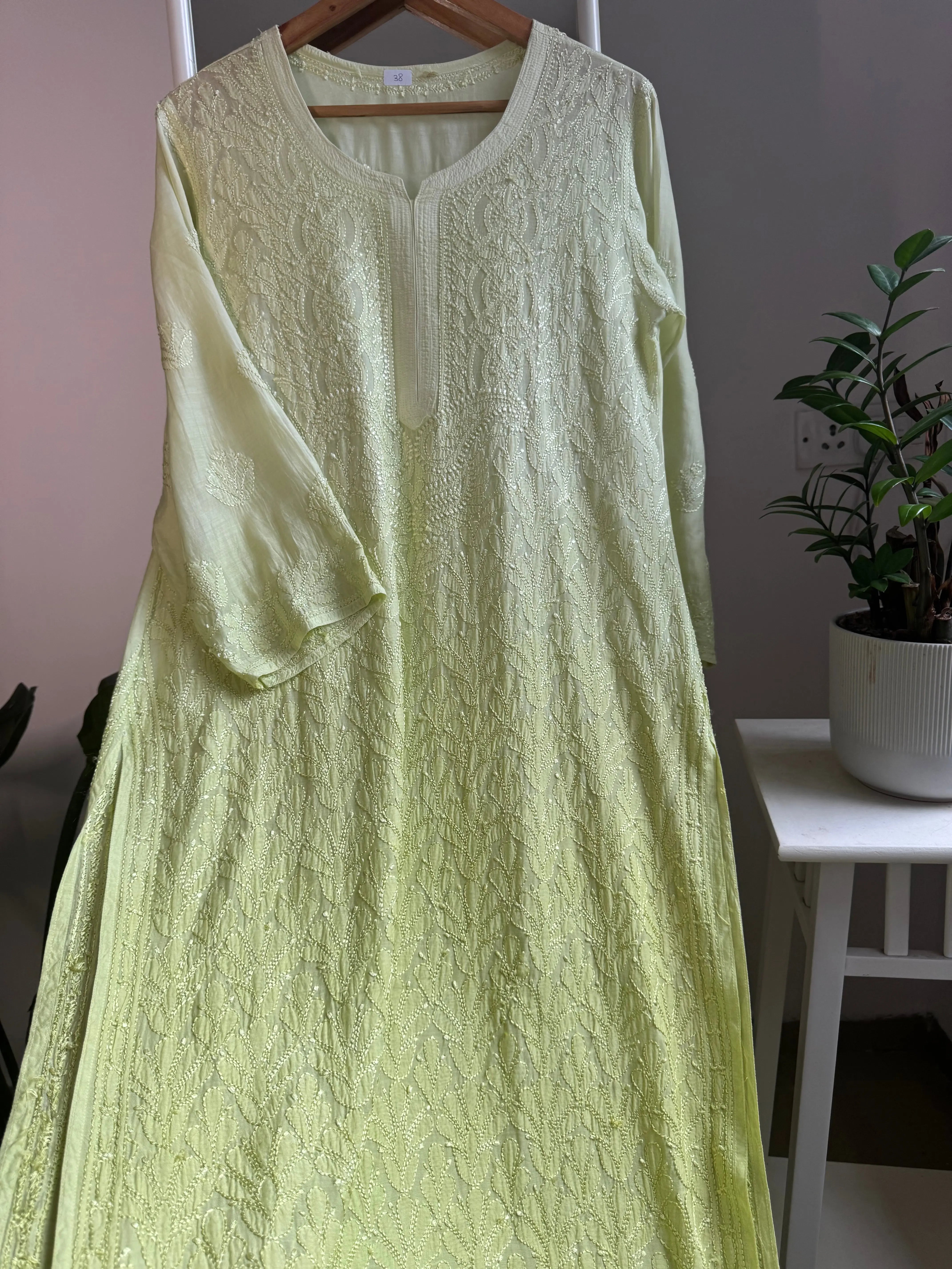 Muslin Chikankari Kurti - Light Green ARIAA CHIKANKARI 