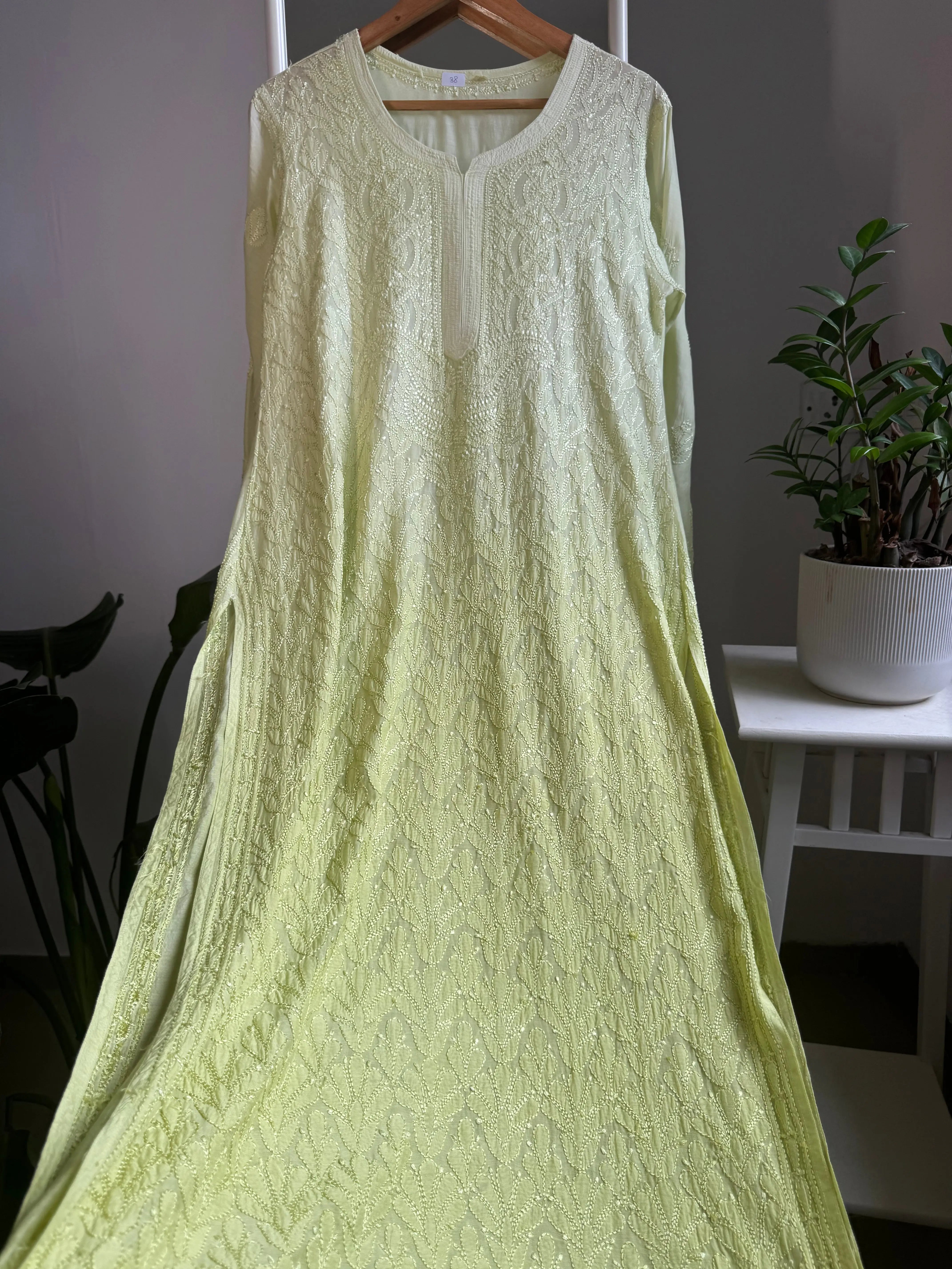 Muslin Chikankari Kurti - Light Green ARIAA CHIKANKARI 