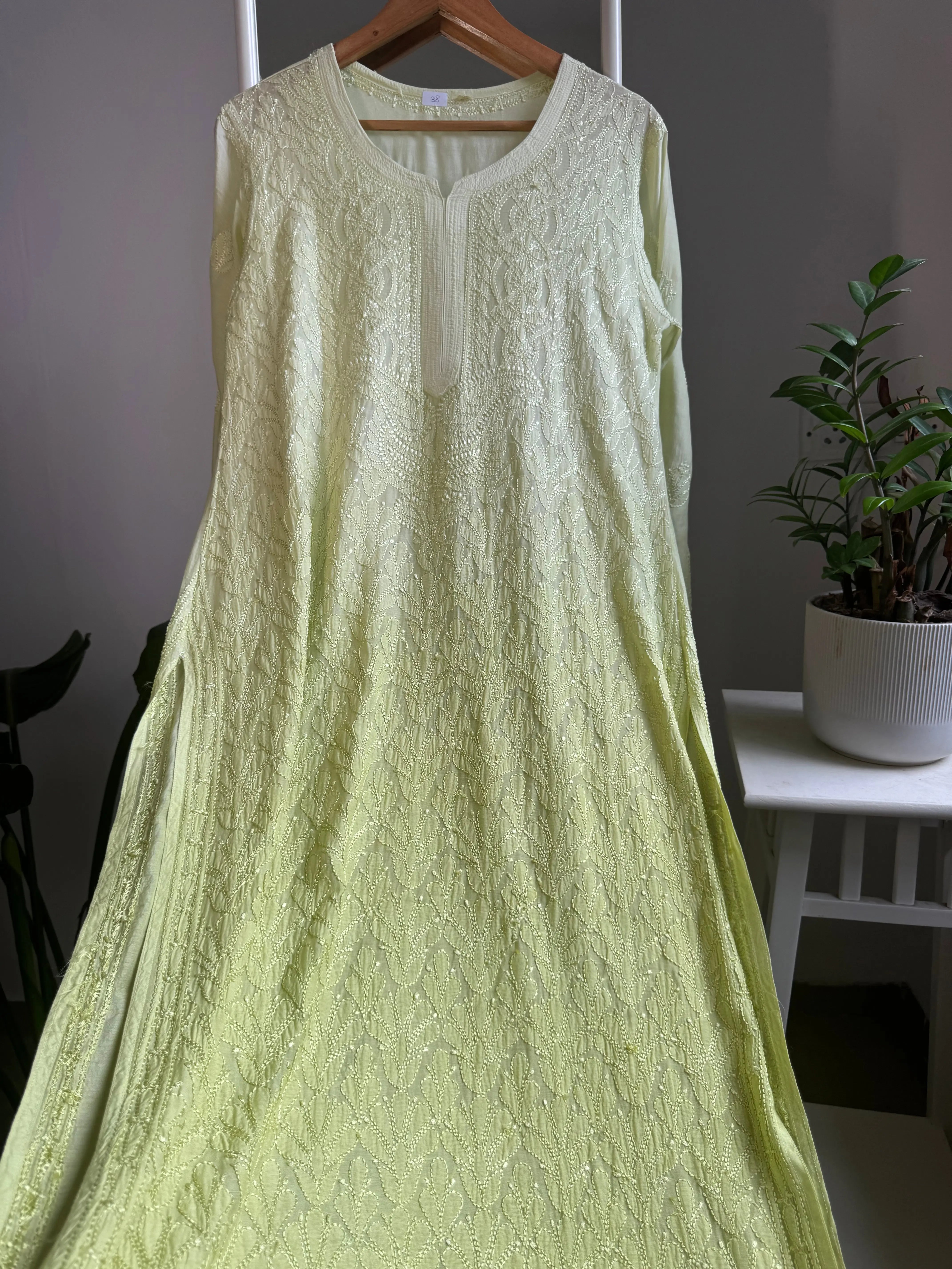 Muslin Chikankari Kurti - Light Green ARIAA CHIKANKARI 