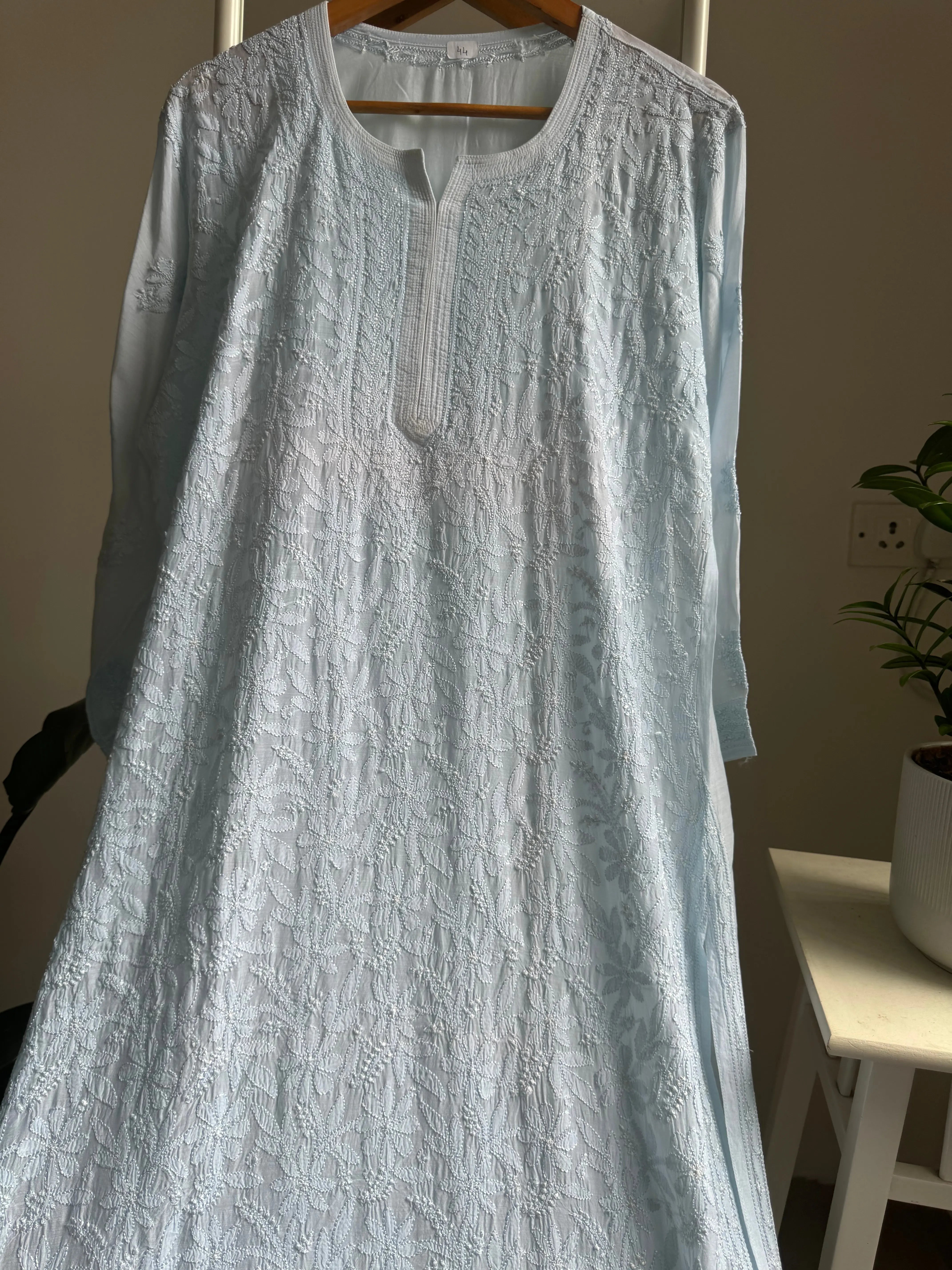 Muslin Chikankari Kurti - Baby Blue ARIAA CHIKANKARI 