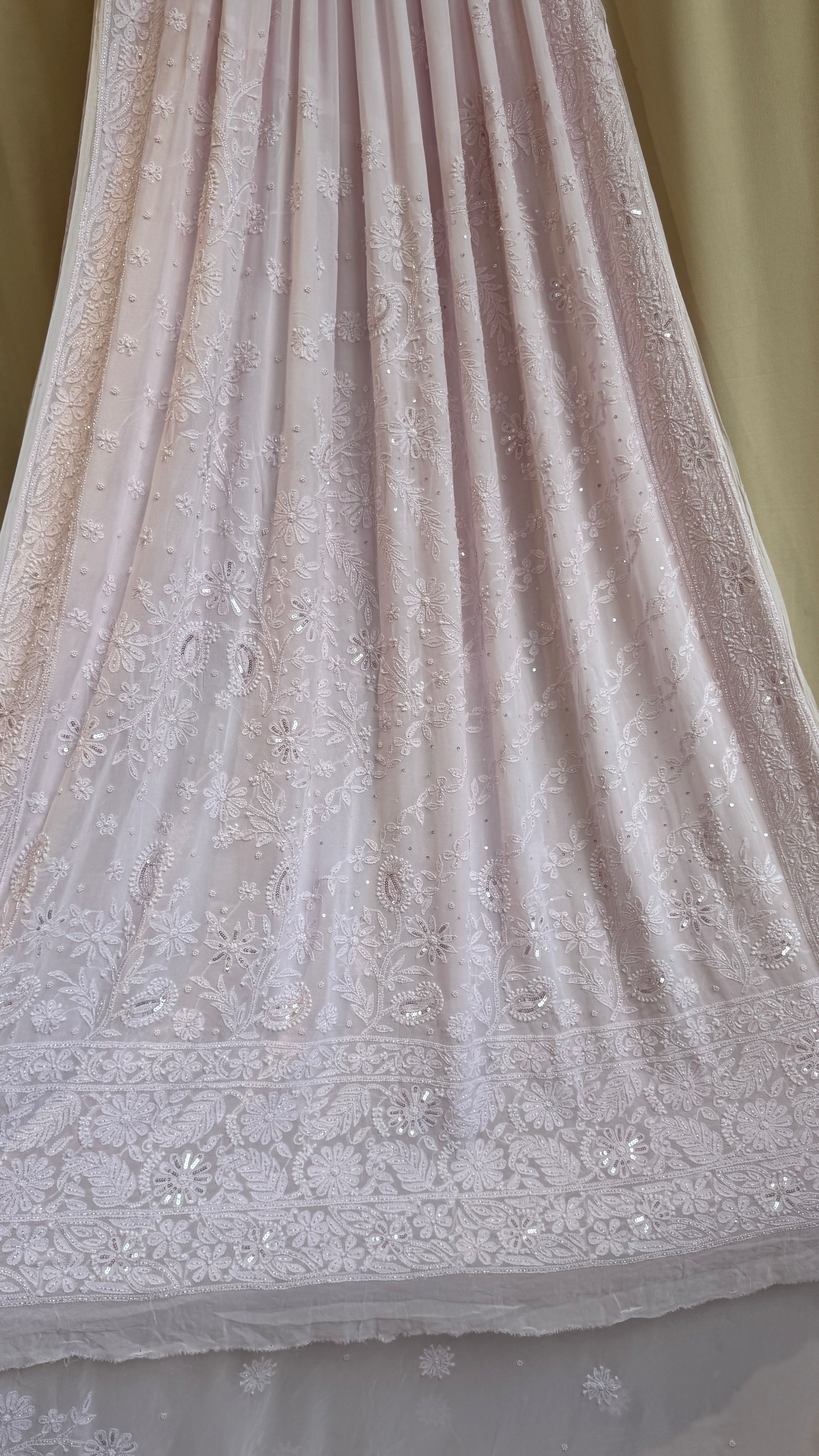 Viscose Baby Pink Chikankari saree with Pearl embellishments