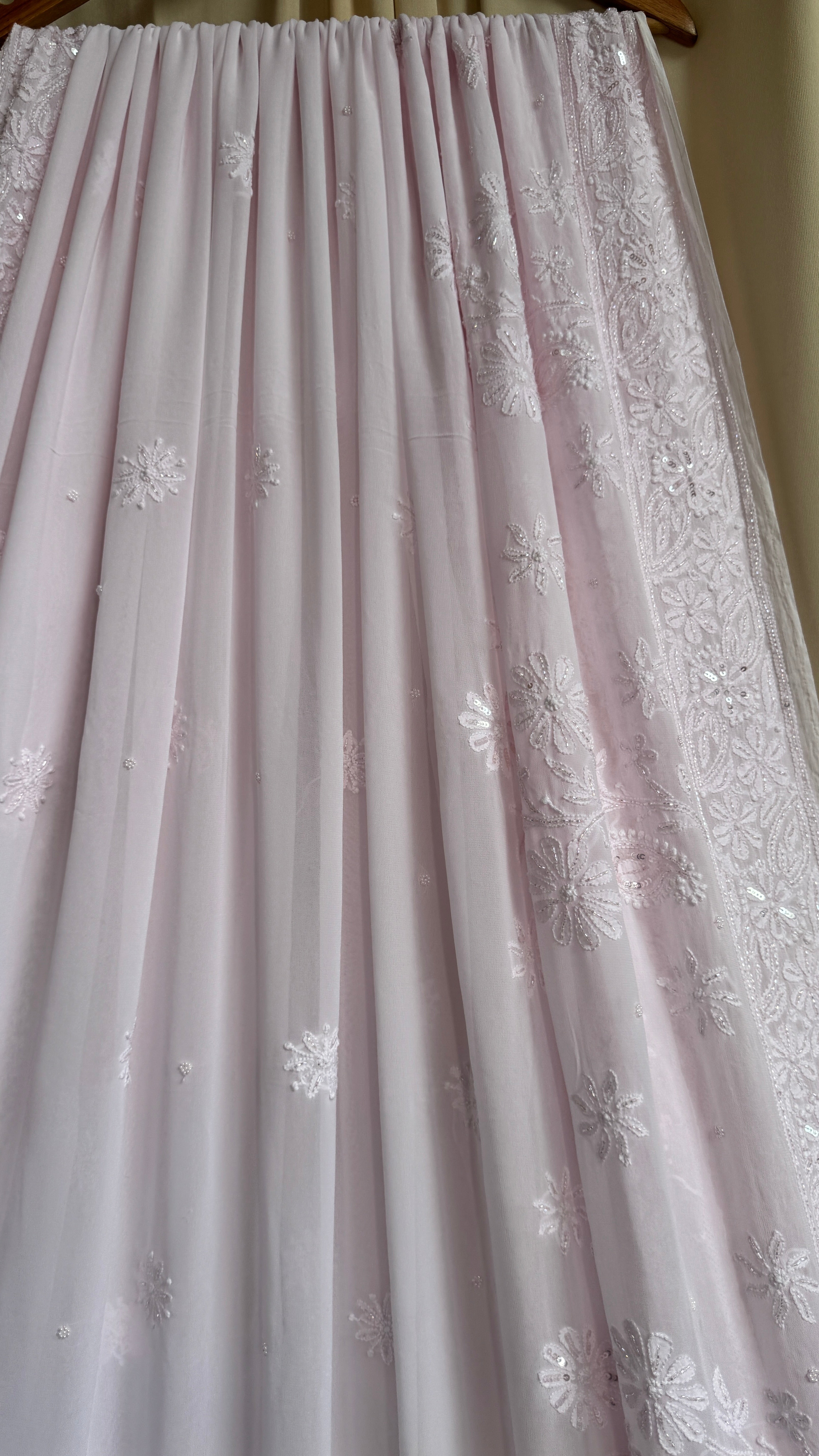 Viscose Baby Pink Chikankari saree with Pearl embellishments