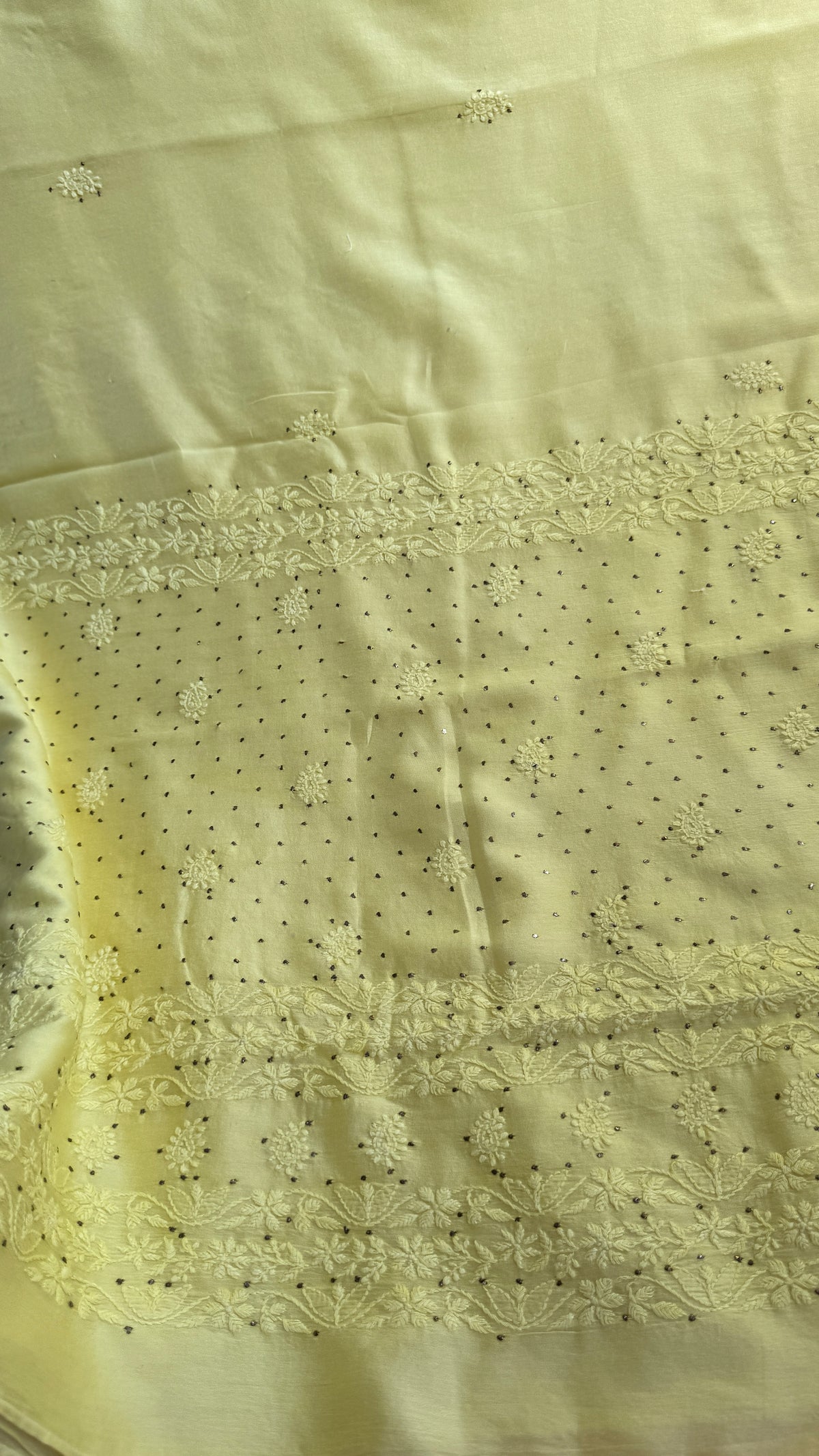 Pure Chanderi Chikankari saree in Lemon Yellow