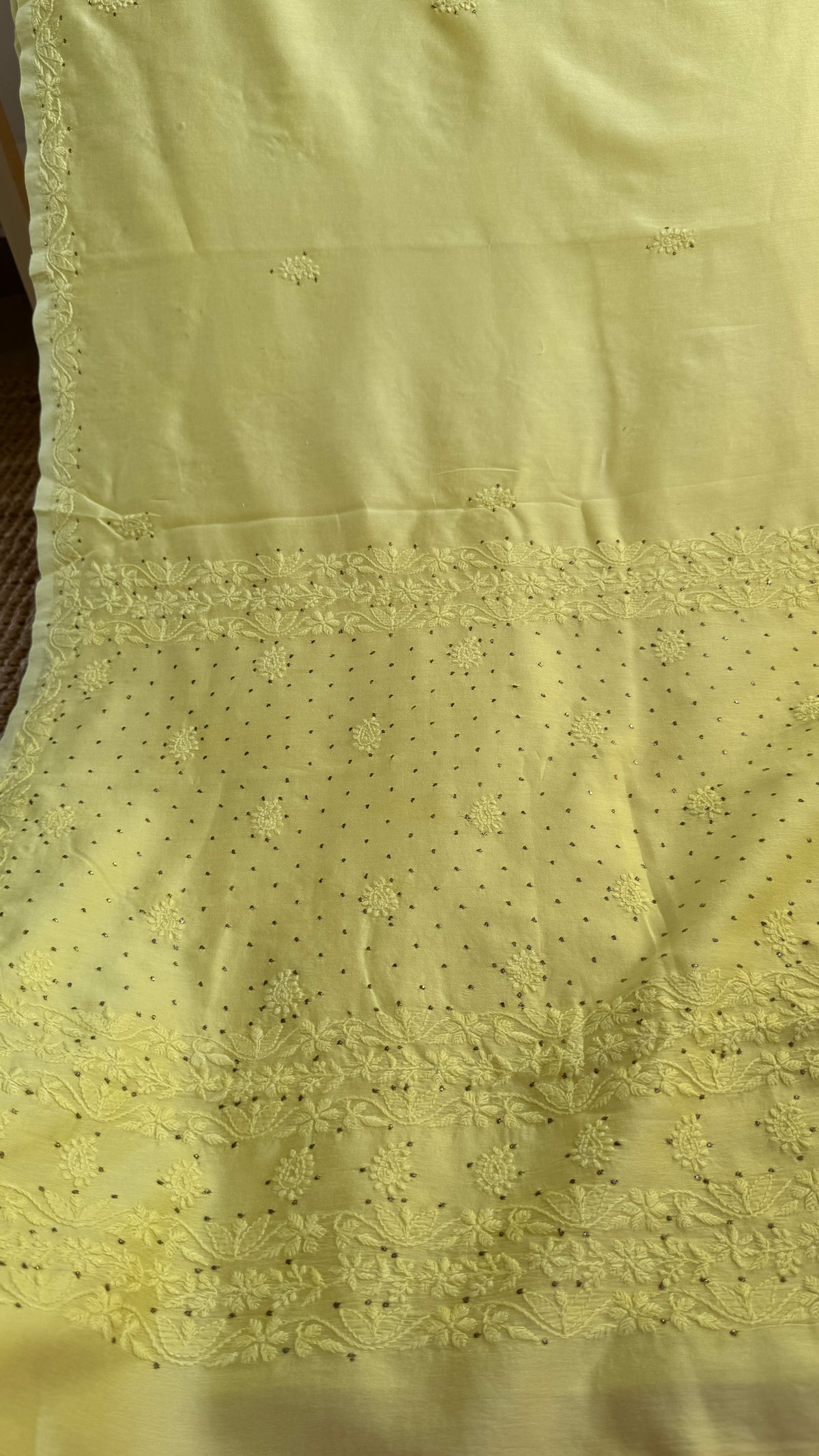 Pure Chanderi Chikankari saree in Lemon Yellow