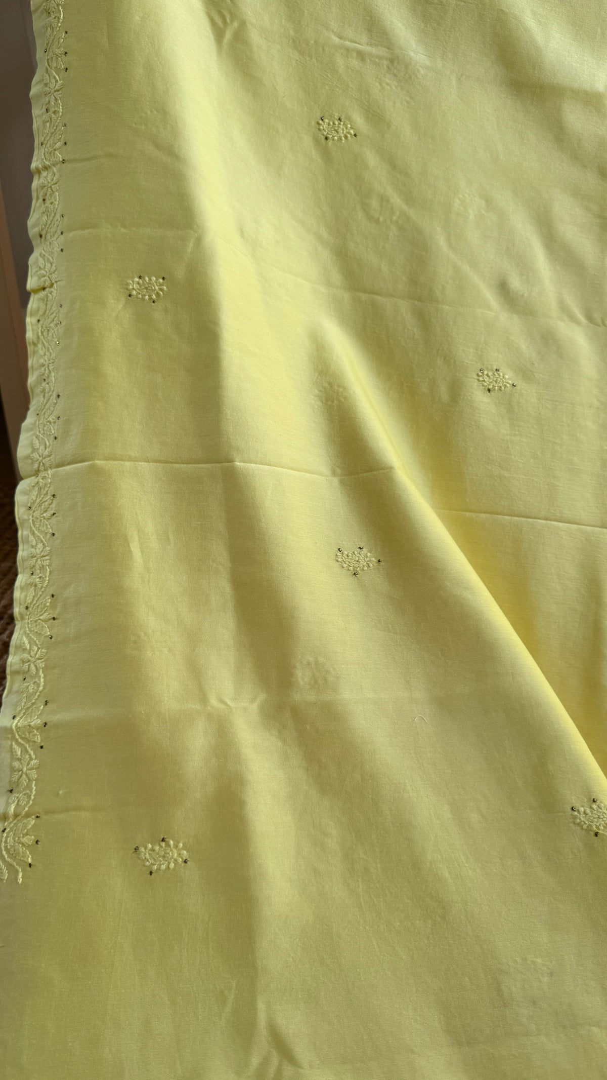 Pure Chanderi Chikankari saree in Lemon Yellow