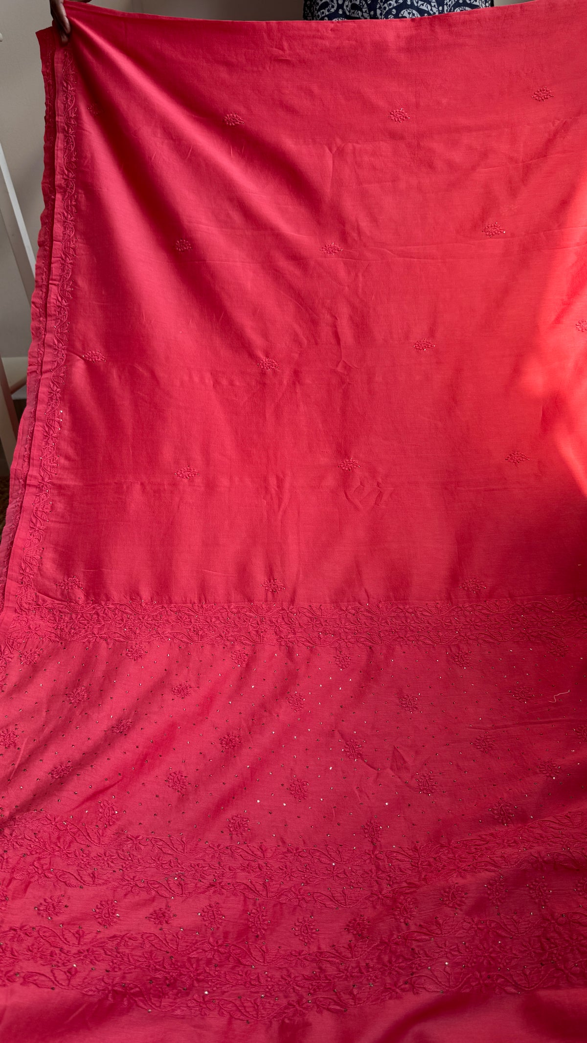 Pure Chanderi Chikankari saree in Carrot Red
